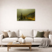 Unframed poster print of John Atkinson Grimshaw's 'Greenock Harbour at Night' displayed on a wall in a living room