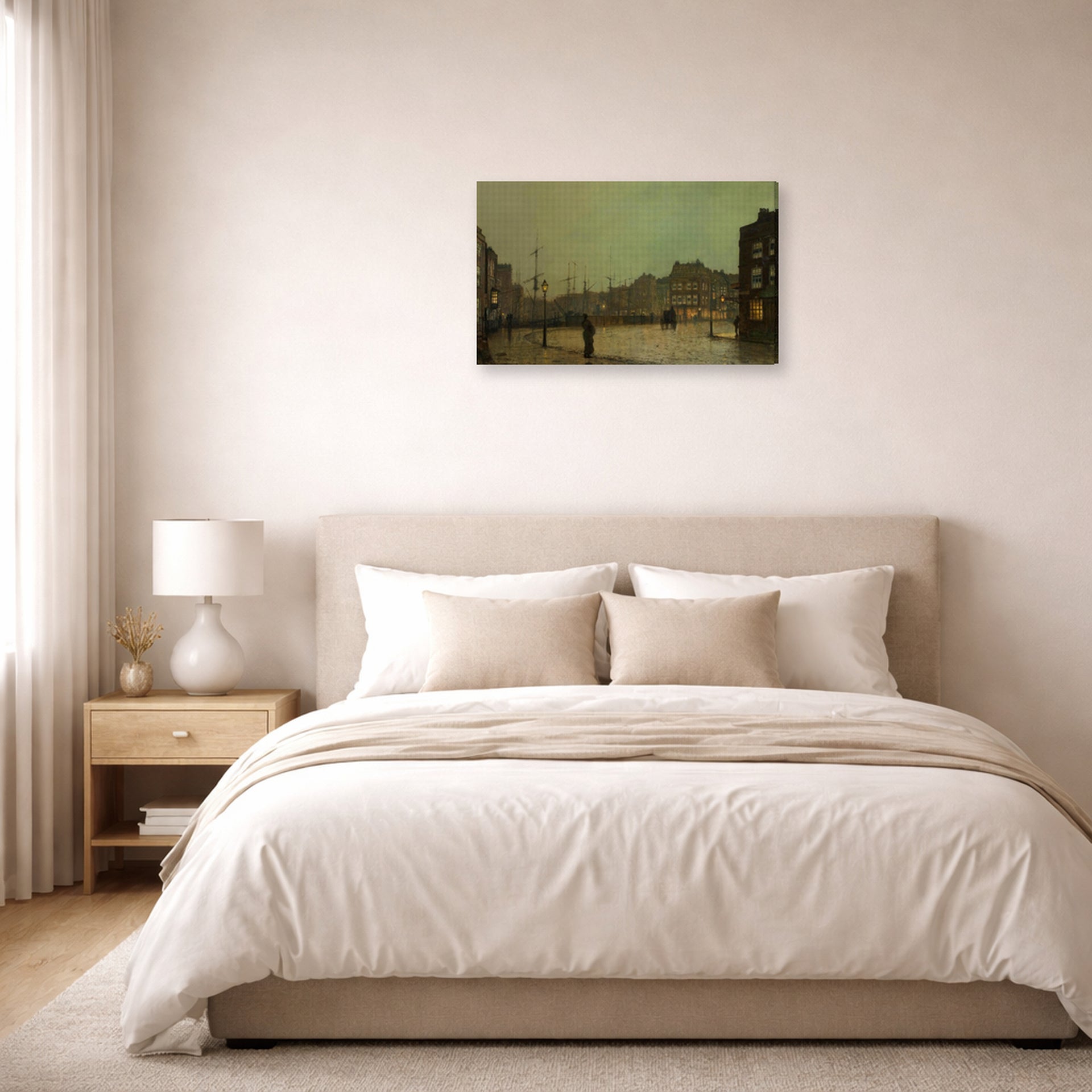 Gallery-wrapped canvas print of John Atkinson Grimshaw's 'Greenock' displayed on a wall in a bedroom