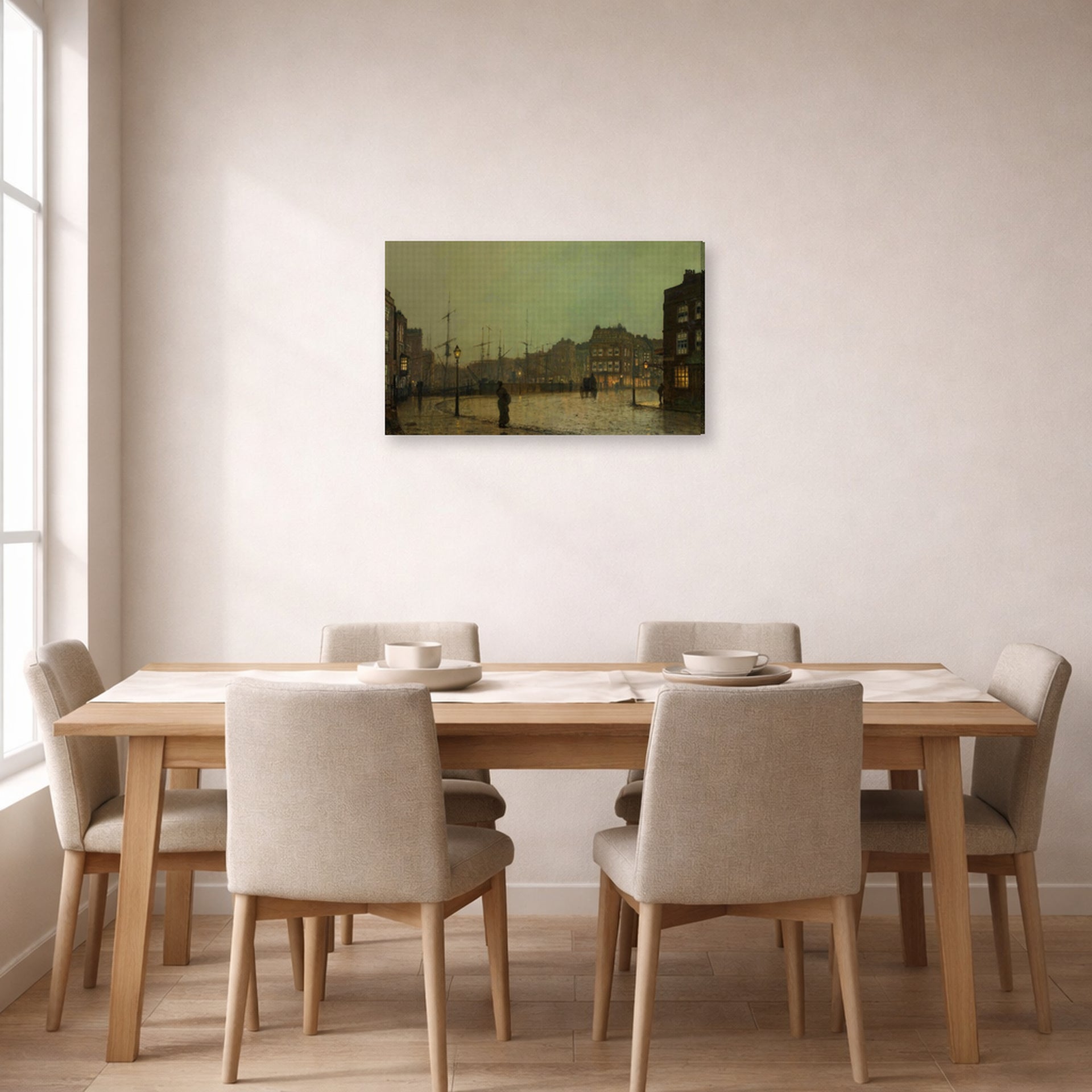 Gallery-wrapped canvas print of John Atkinson Grimshaw's 'Greenock' displayed on a wall in a dining room