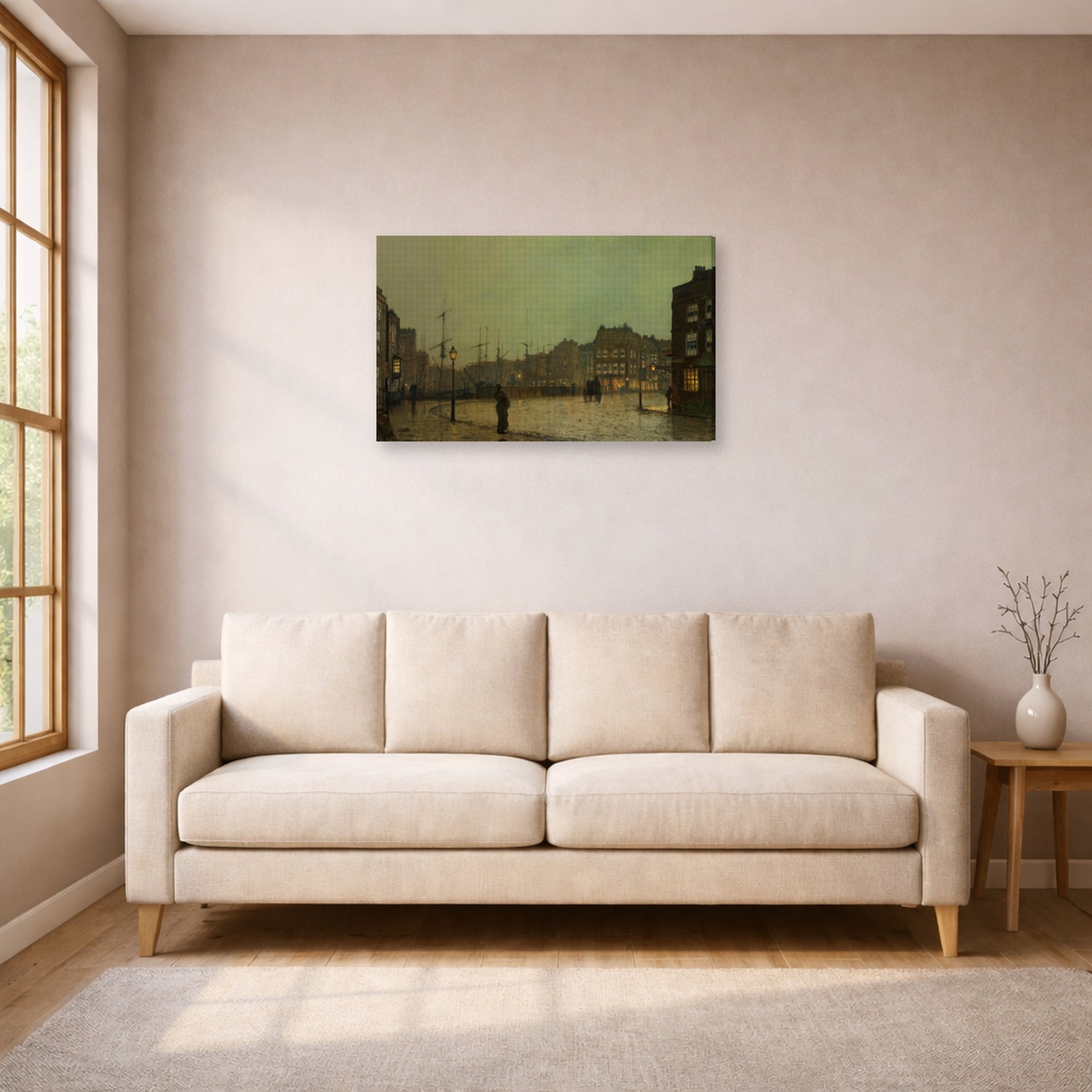 Gallery-wrapped canvas print of John Atkinson Grimshaw's 'Greenock' displayed on a wall in a living room