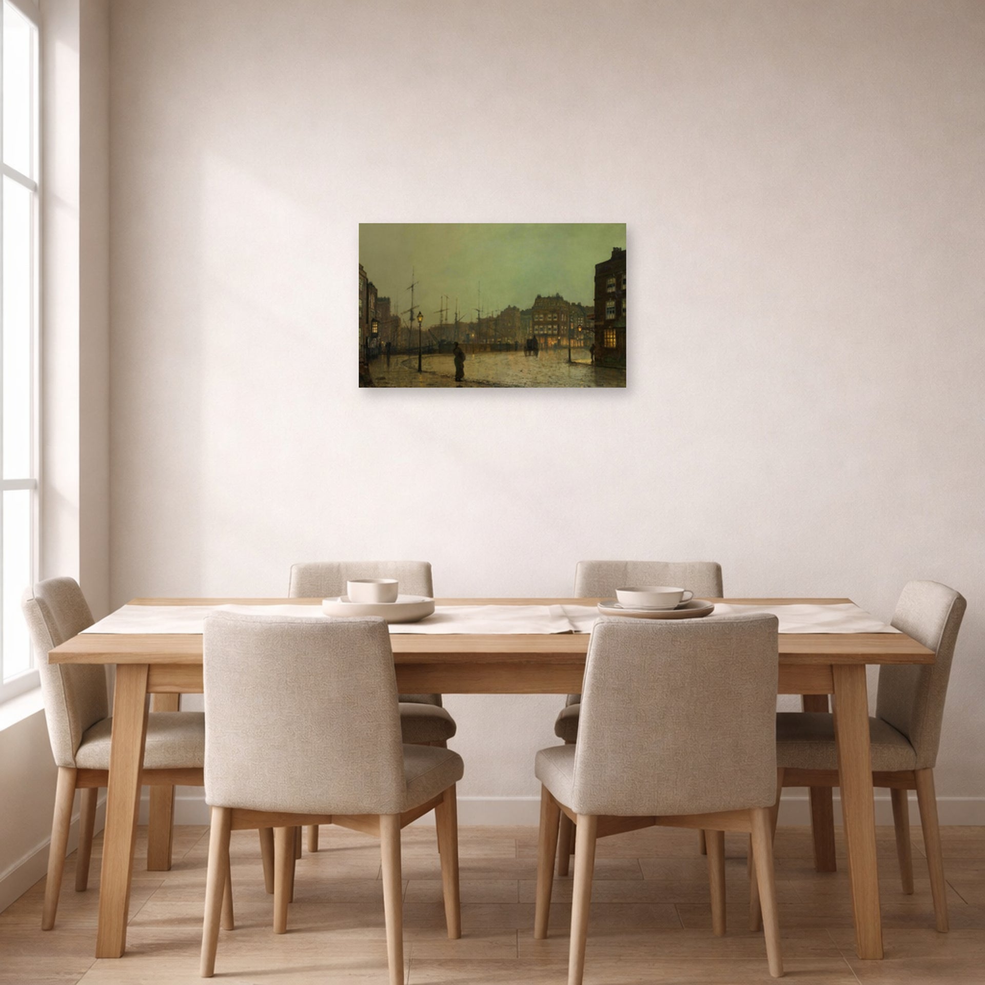 Unframed poster print of John Atkinson Grimshaw's 'Greenock' displayed on a wall in a dining room