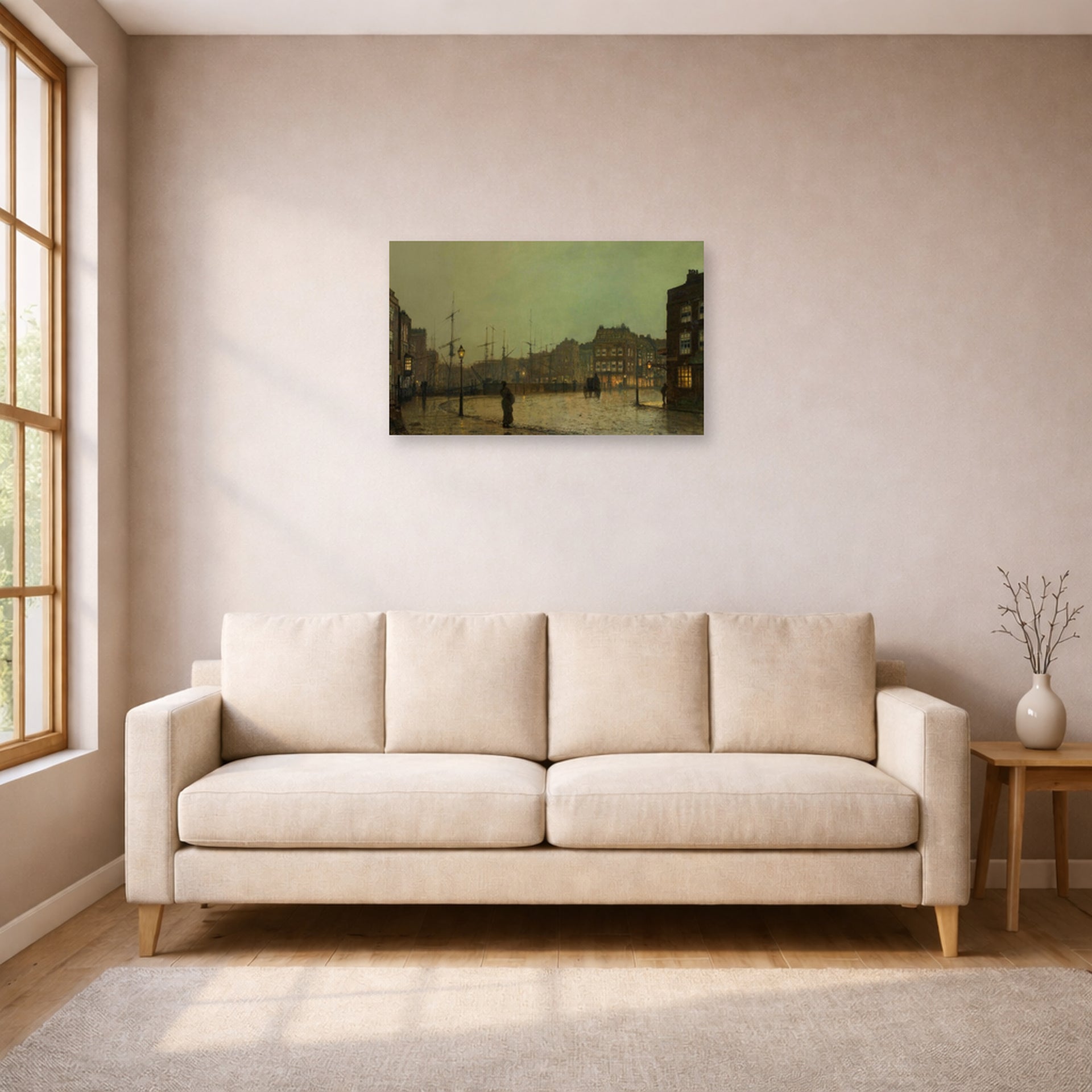 Unframed poster print of John Atkinson Grimshaw's 'Greenock' displayed on a wall in a living room