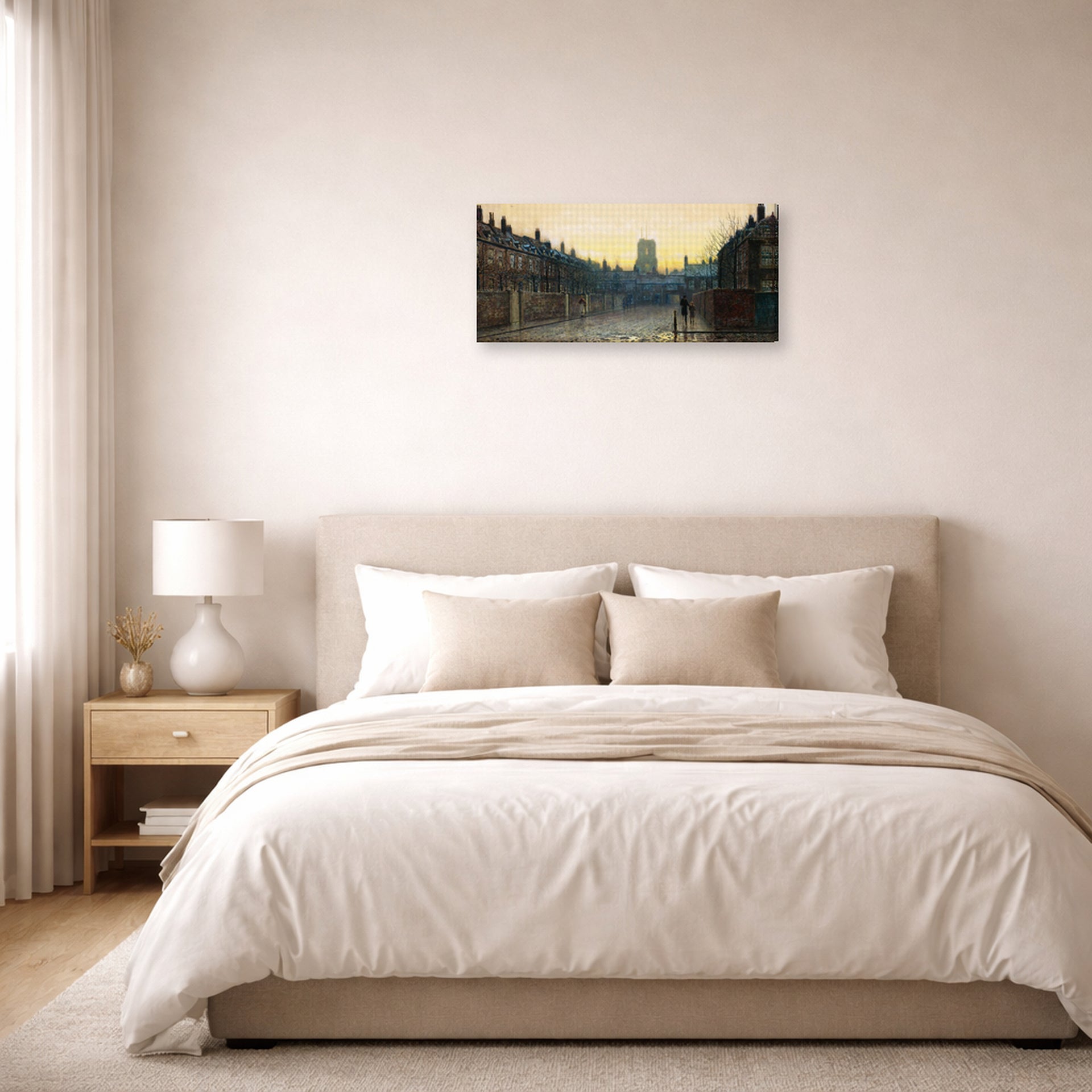 Gallery-wrapped canvas print of John Atkinson Grimshaw's 'Old Chelsea' displayed on a wall in a bedroom