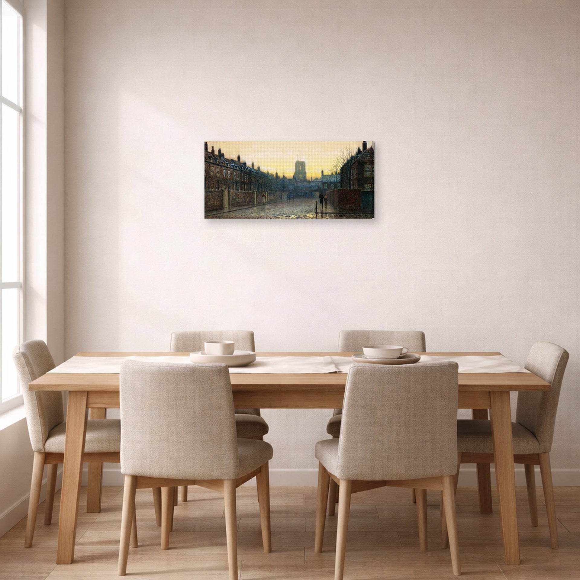 Gallery-wrapped canvas print of John Atkinson Grimshaw's 'Old Chelsea' displayed on a wall in a dining room