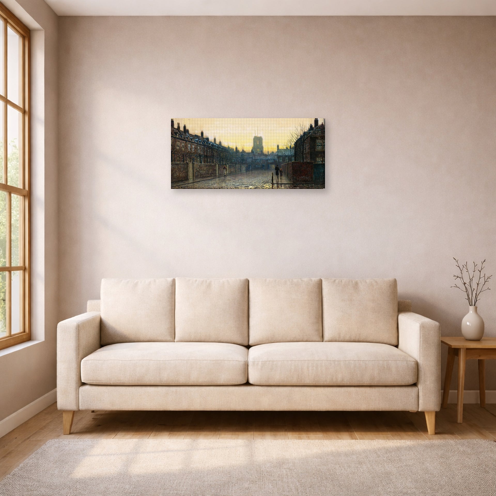 Gallery-wrapped canvas print of John Atkinson Grimshaw's 'Old Chelsea' displayed on a wall in a living room
