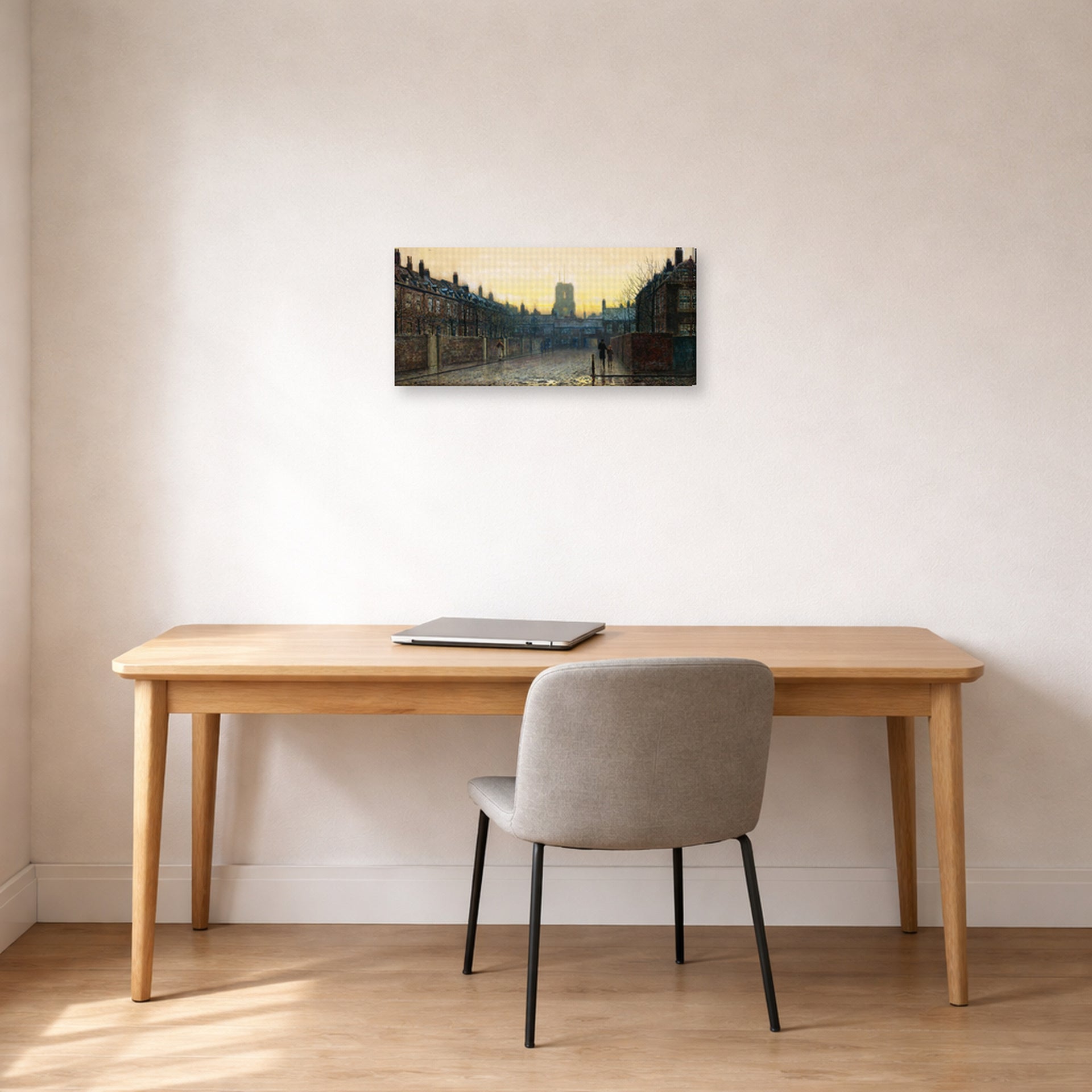 Gallery-wrapped canvas print of John Atkinson Grimshaw's 'Old Chelsea' displayed on a wall in an office