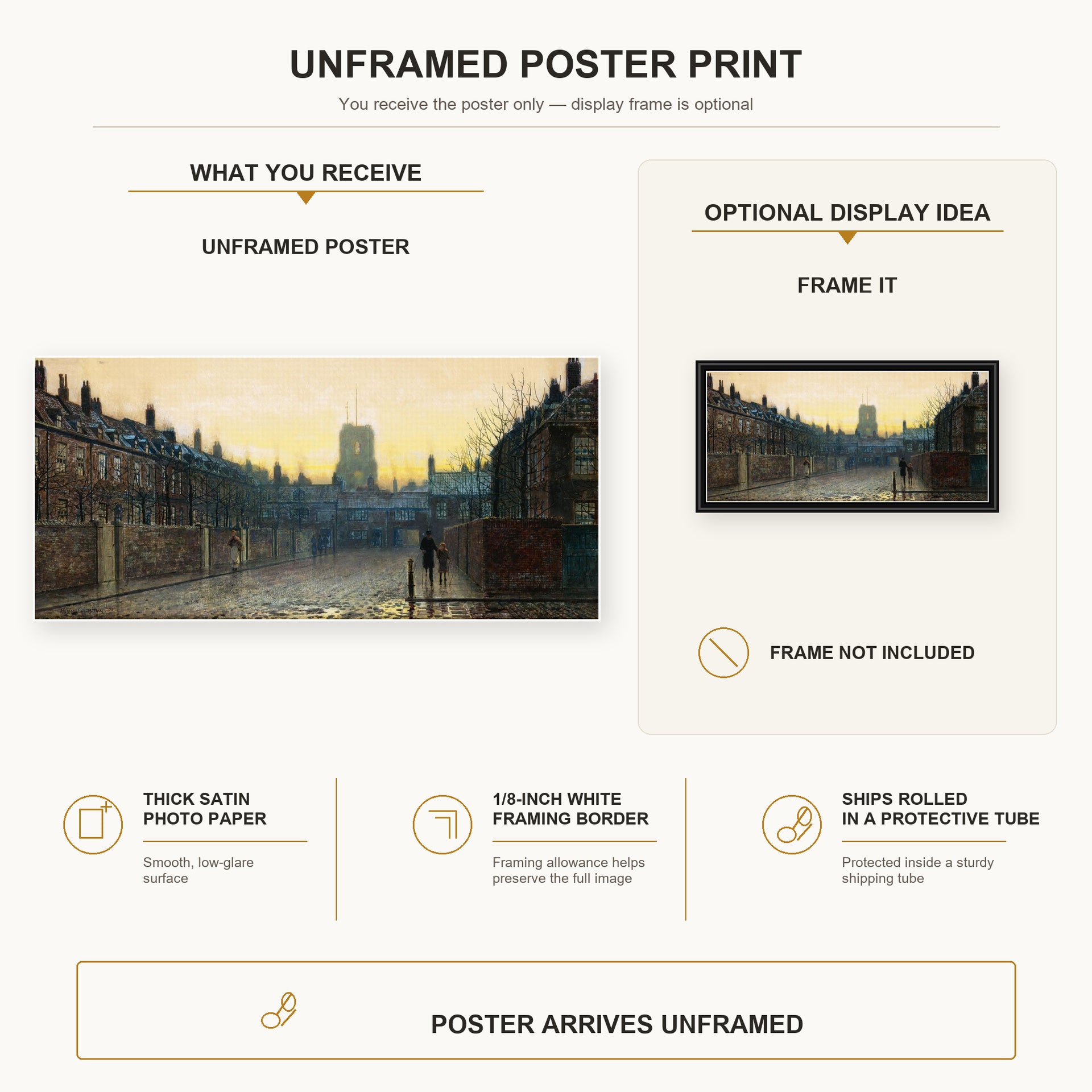 John Atkinson Grimshaw - Old Chelsea poster print size comparison and framing display infographic
