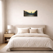 Unframed poster print of John Atkinson Grimshaw's 'Old Chelsea' displayed on a wall in a bedroom