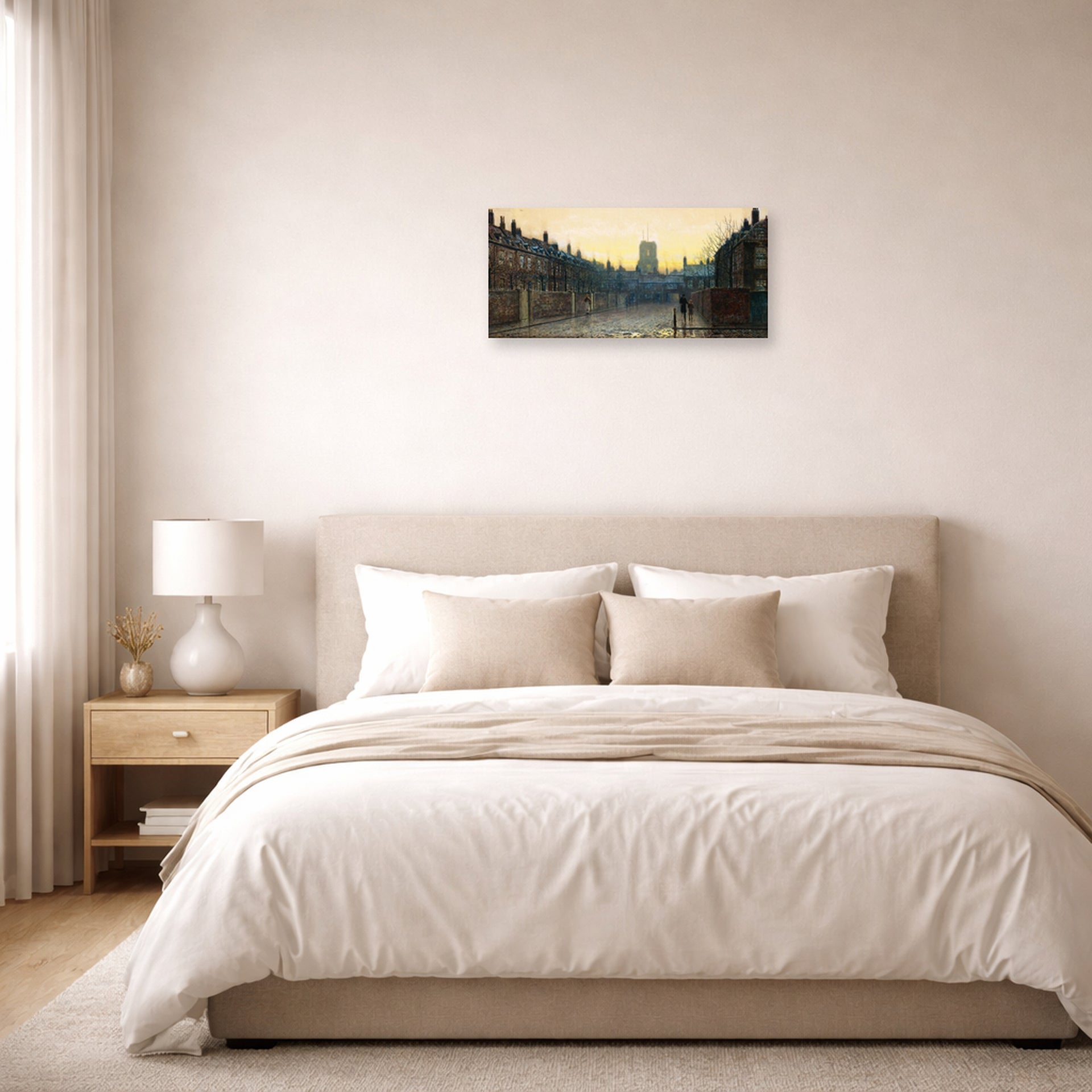 Unframed poster print of John Atkinson Grimshaw's 'Old Chelsea' displayed on a wall in a bedroom