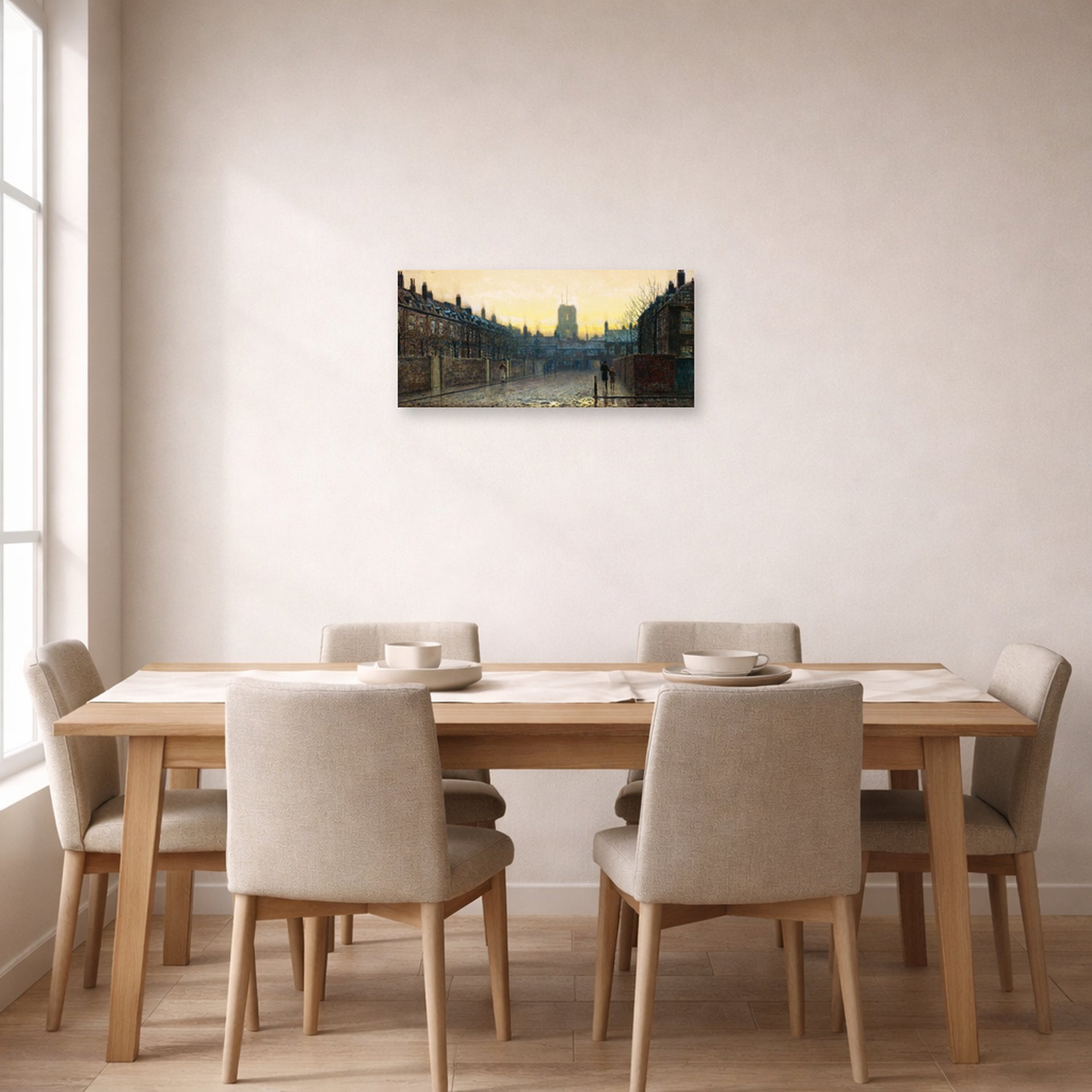 Unframed poster print of John Atkinson Grimshaw's 'Old Chelsea' displayed on a wall in a dining room