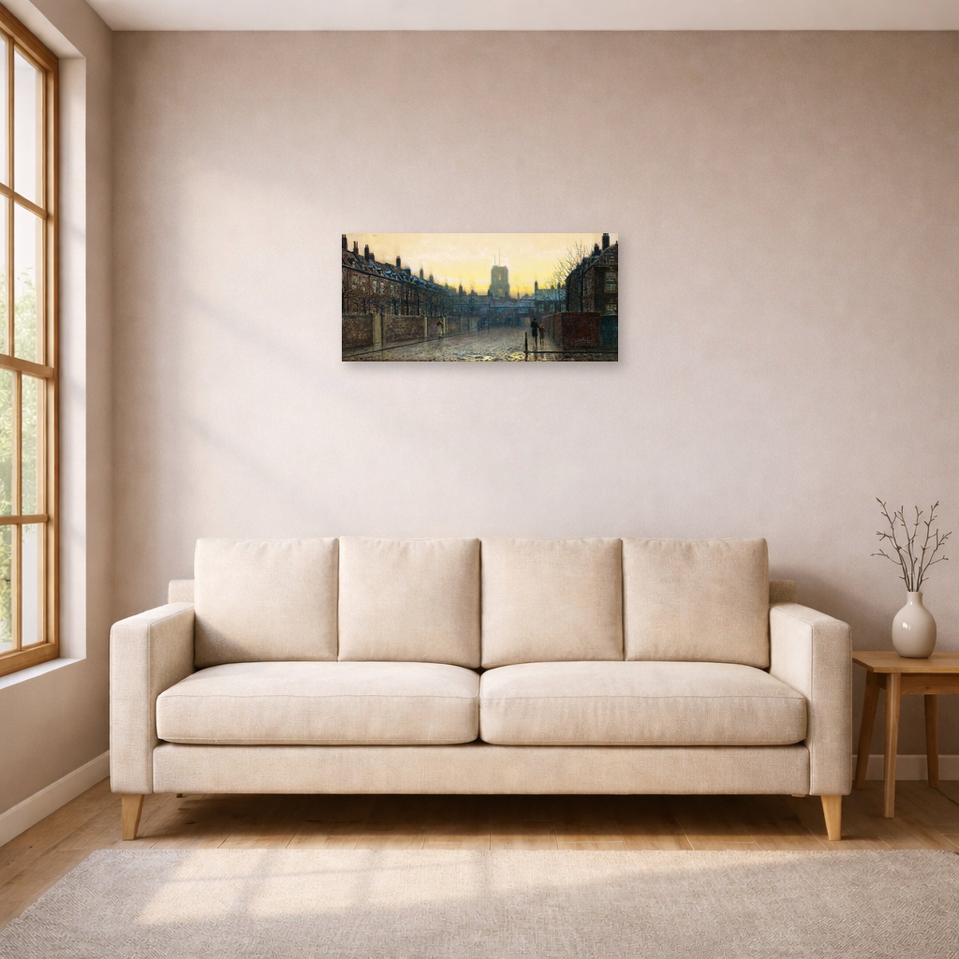Unframed poster print of John Atkinson Grimshaw's 'Old Chelsea' displayed on a wall in a living room