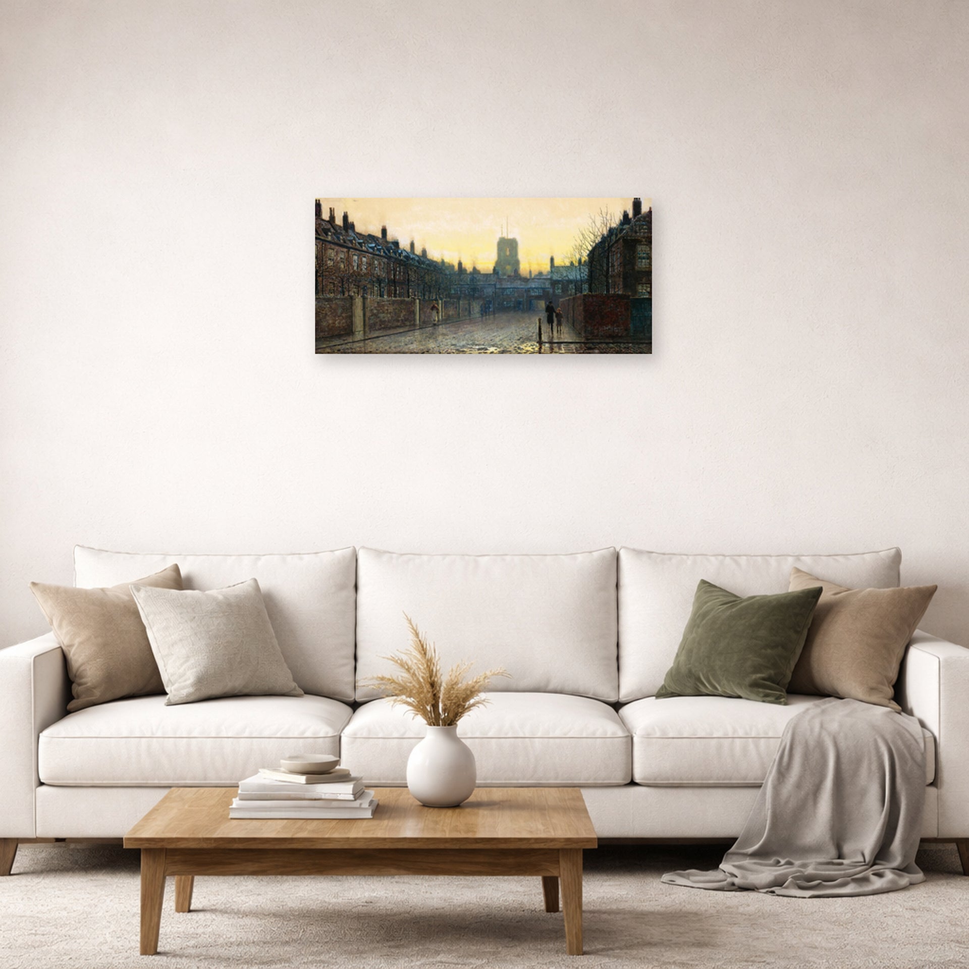 Unframed poster print of John Atkinson Grimshaw's 'Old Chelsea' displayed on a wall in a living room