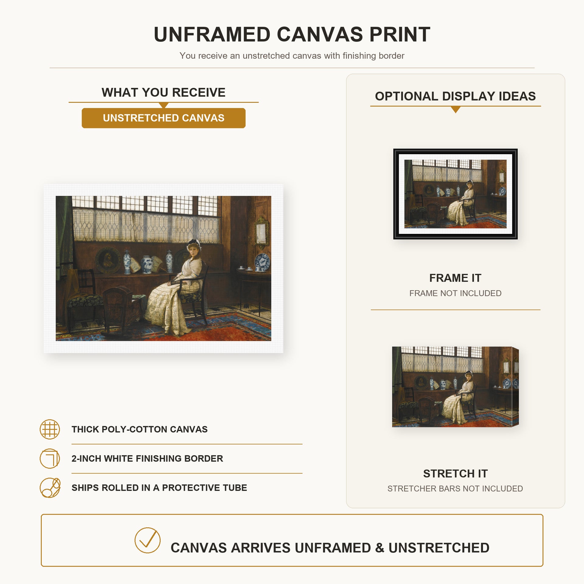 John Atkinson Grimshaw - The Cradle Song canvas print size comparison and framing display infographic