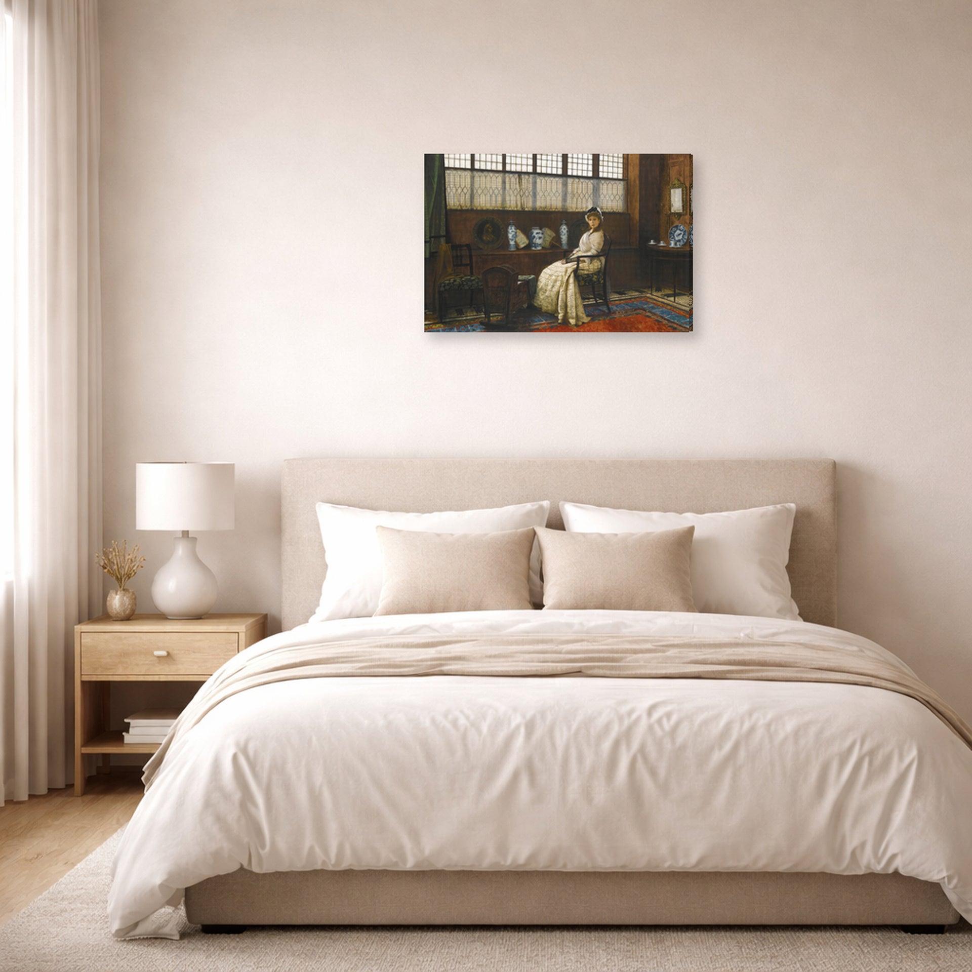 Gallery-wrapped canvas print of John Atkinson Grimshaw's 'The Cradle Song' displayed on a wall in a bedroom
