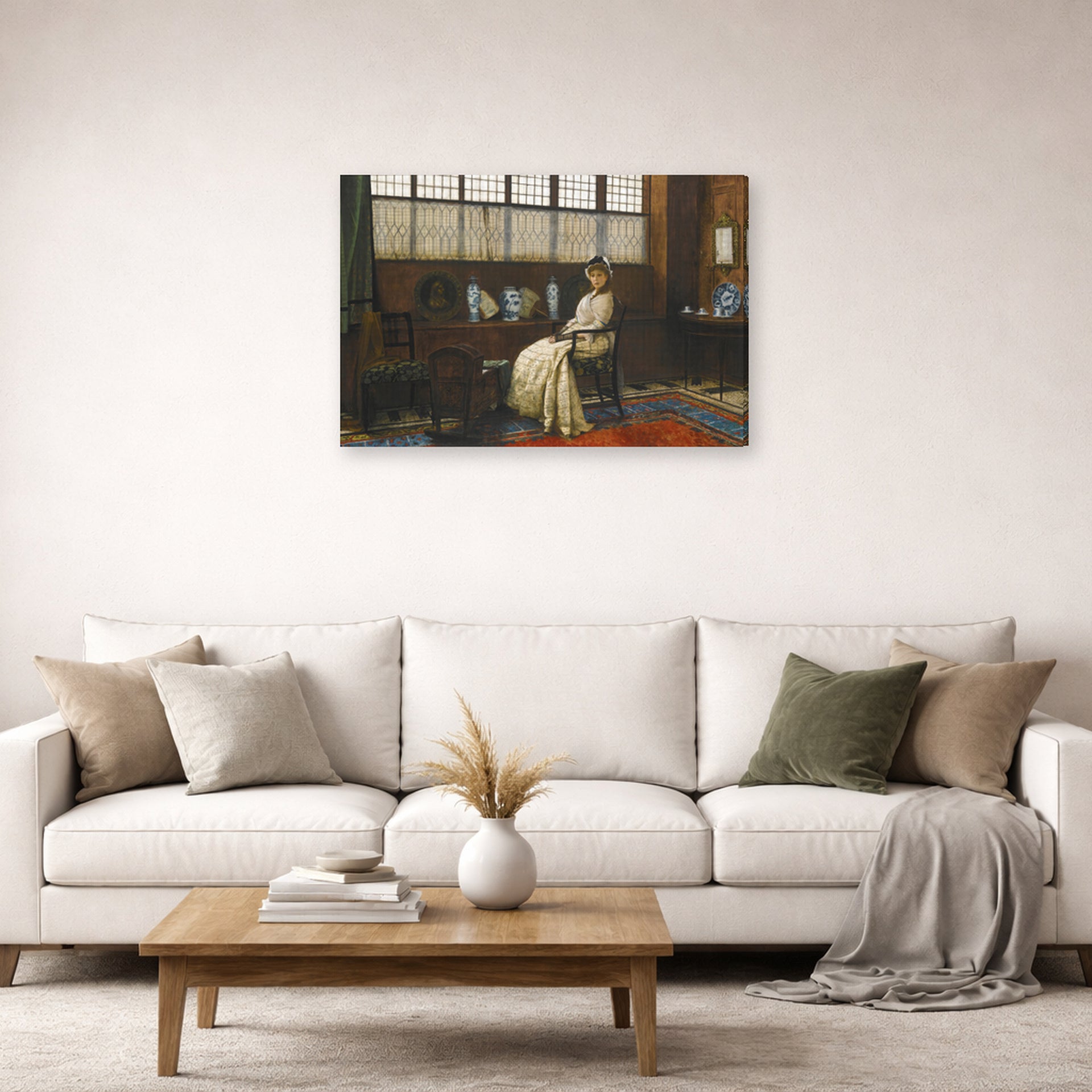 Gallery-wrapped canvas print of John Atkinson Grimshaw's 'The Cradle Song' displayed on a wall in a living room
