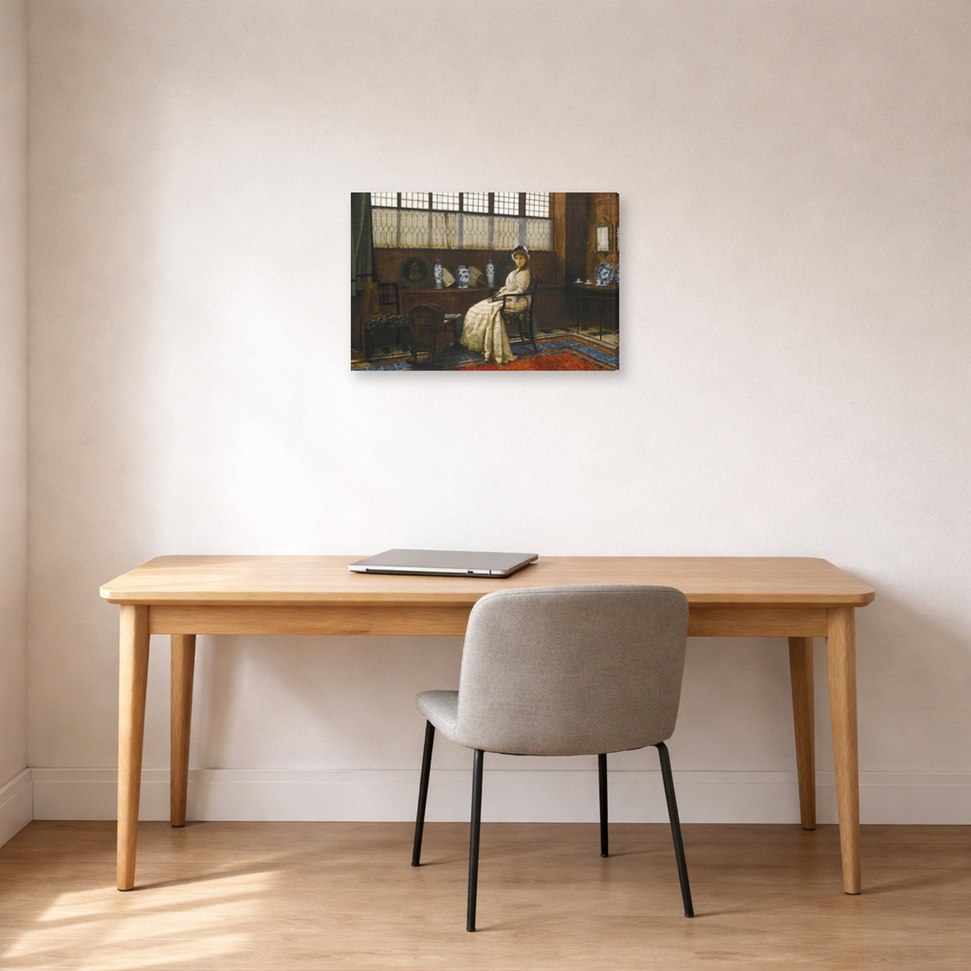 Gallery-wrapped canvas print of John Atkinson Grimshaw's 'The Cradle Song' displayed on a wall in an office