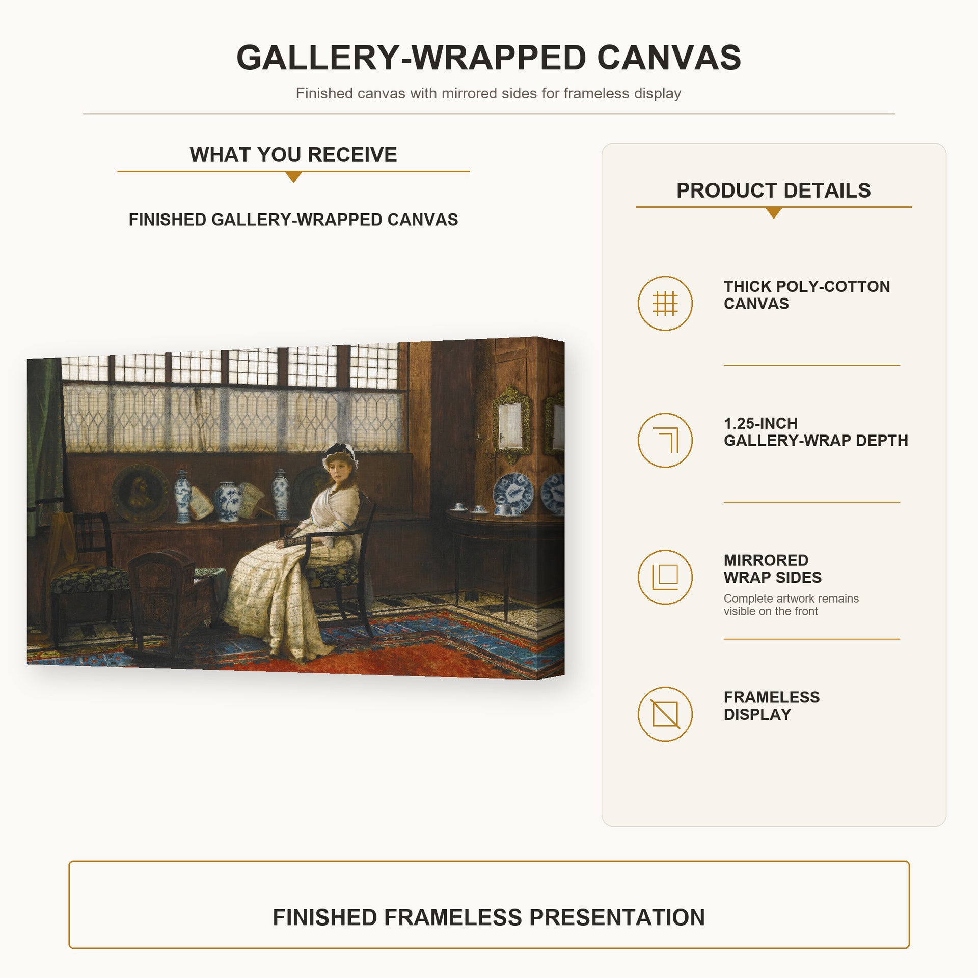 John Atkinson Grimshaw - The Cradle Song gallery wrap canvas construction and hanging details infographic
