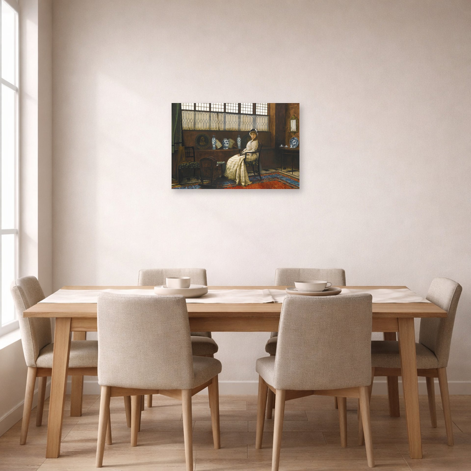Unframed poster print of John Atkinson Grimshaw's 'The Cradle Song' displayed on a wall in a dining room