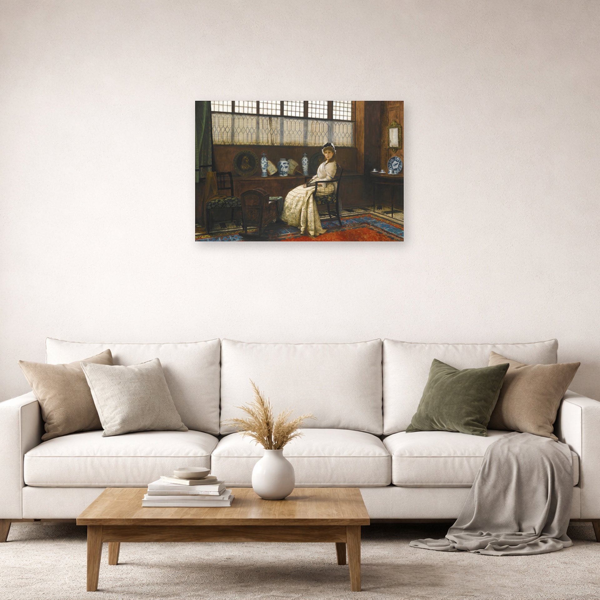 Unframed poster print of John Atkinson Grimshaw's 'The Cradle Song' displayed on a wall in a living room