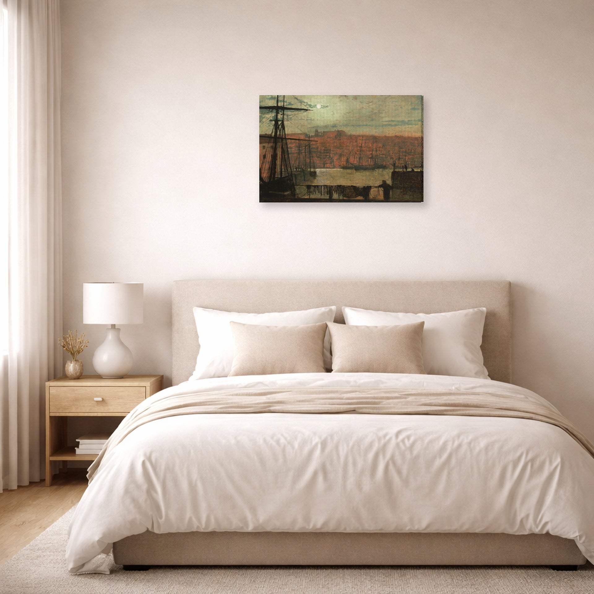 Gallery-wrapped canvas print of John Atkinson Grimshaw's 'Whitby from Station Quary' displayed on a wall in a bedroom