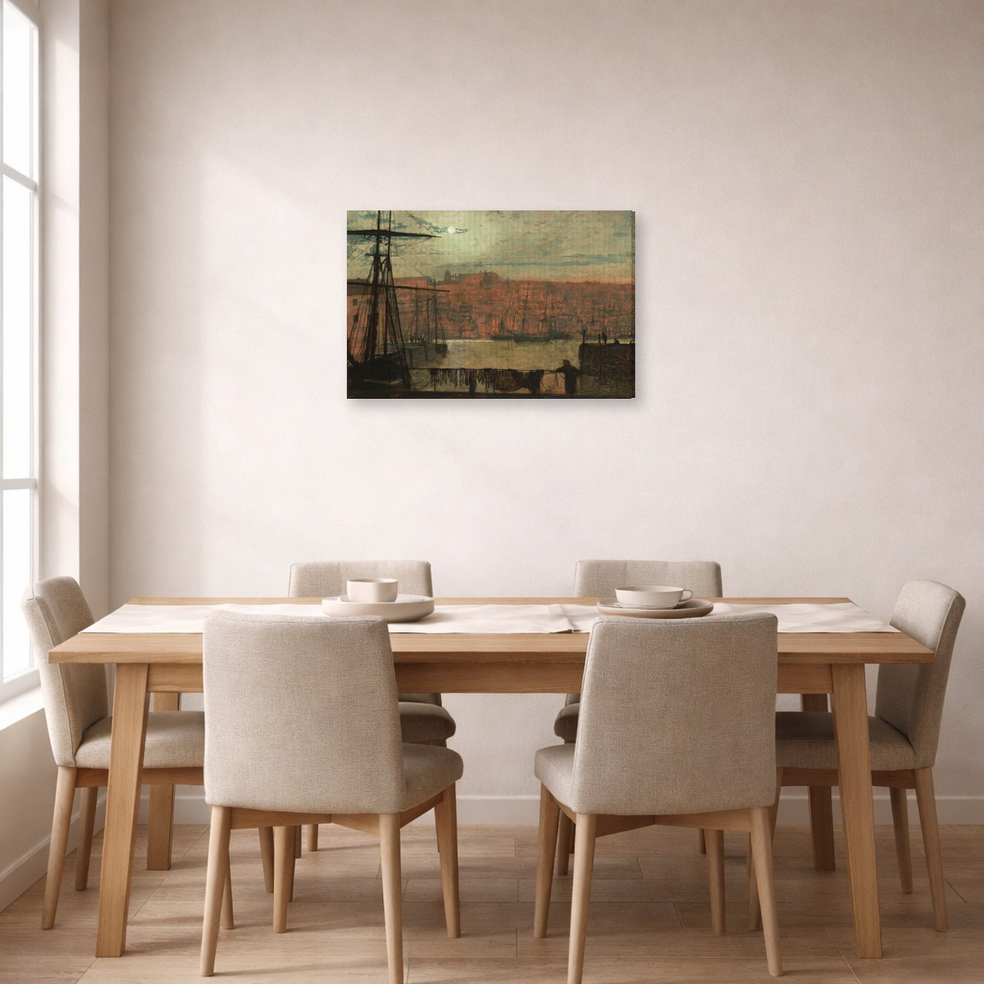 Gallery-wrapped canvas print of John Atkinson Grimshaw's 'Whitby from Station Quary' displayed on a wall in a dining room