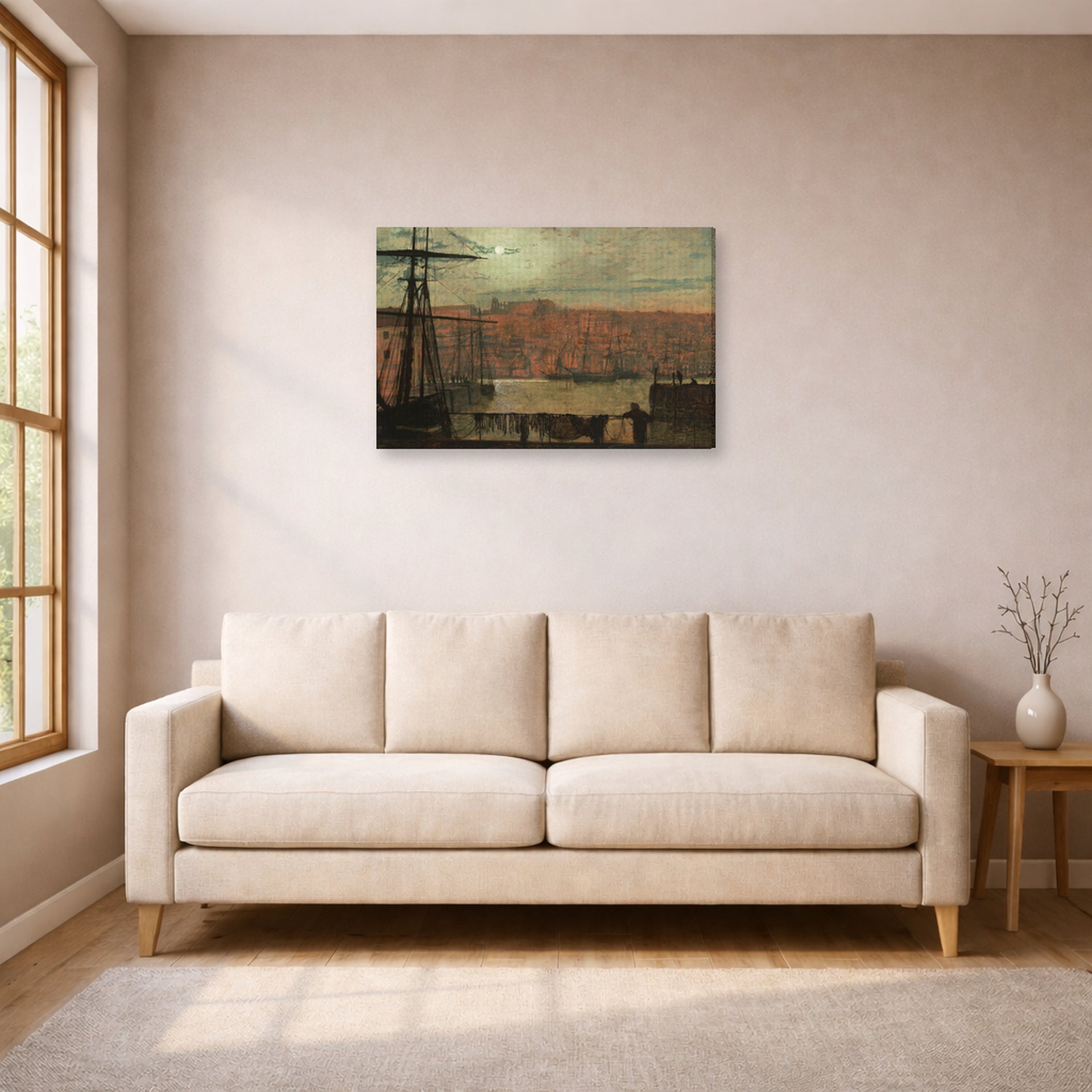 Gallery-wrapped canvas print of John Atkinson Grimshaw's 'Whitby from Station Quary' displayed on a wall in a living room
