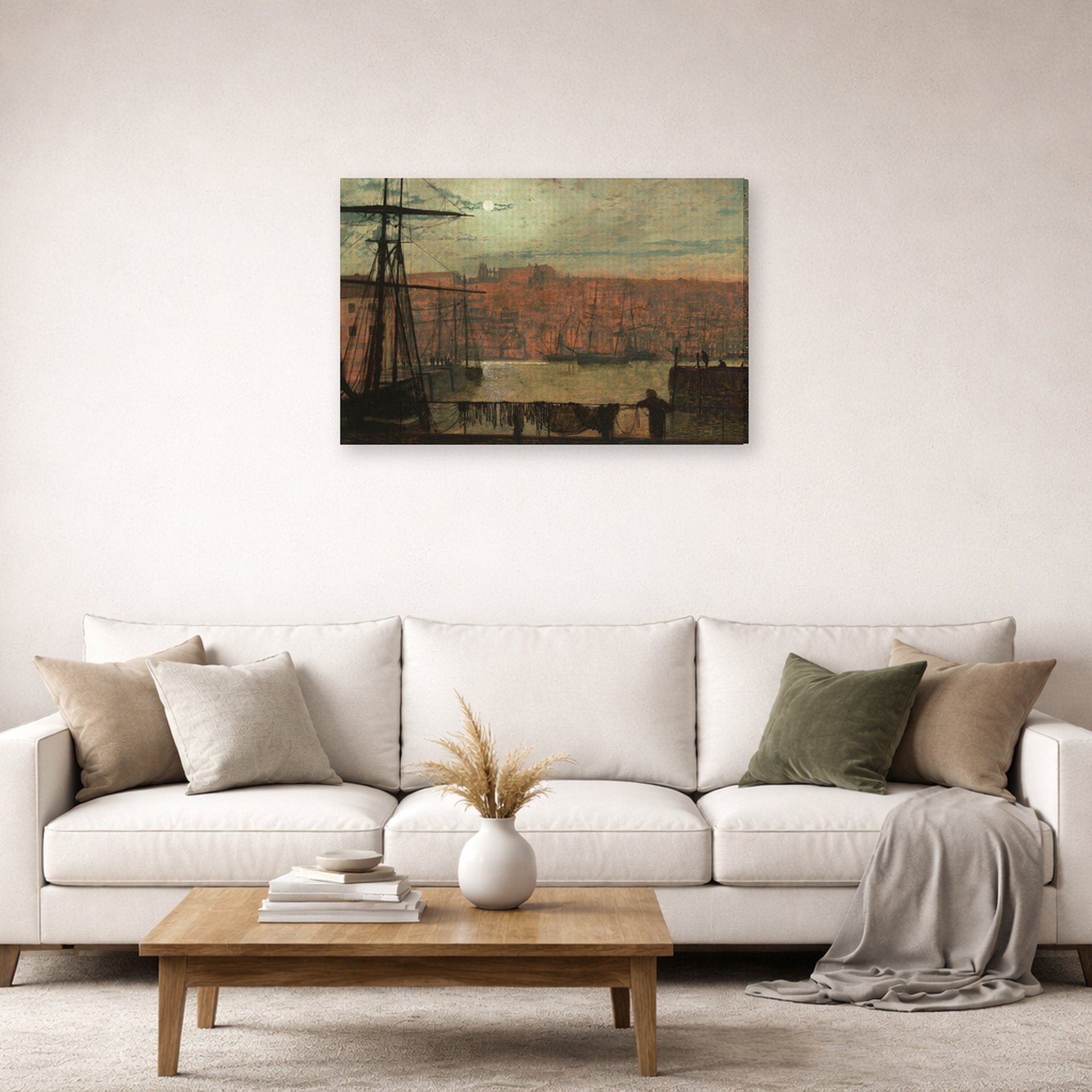 Gallery-wrapped canvas print of John Atkinson Grimshaw's 'Whitby from Station Quary' displayed on a wall in a living room