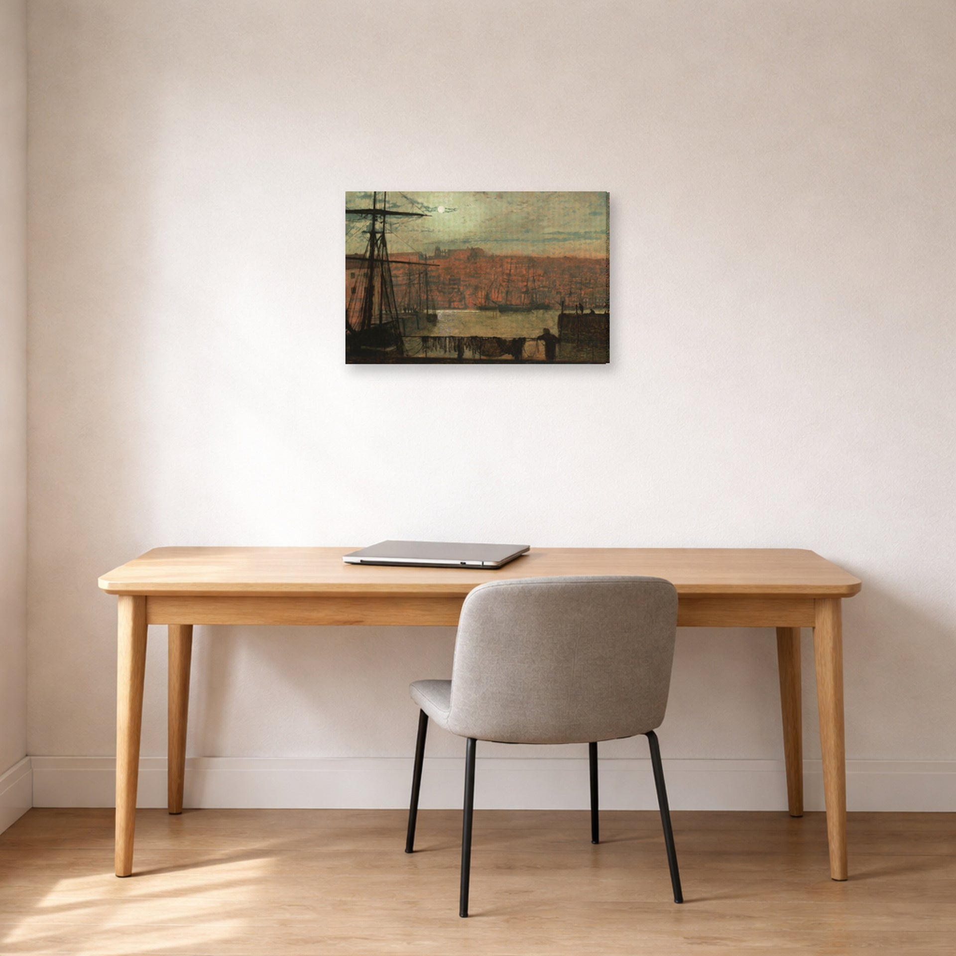 Gallery-wrapped canvas print of John Atkinson Grimshaw's 'Whitby from Station Quary' displayed on a wall in an office