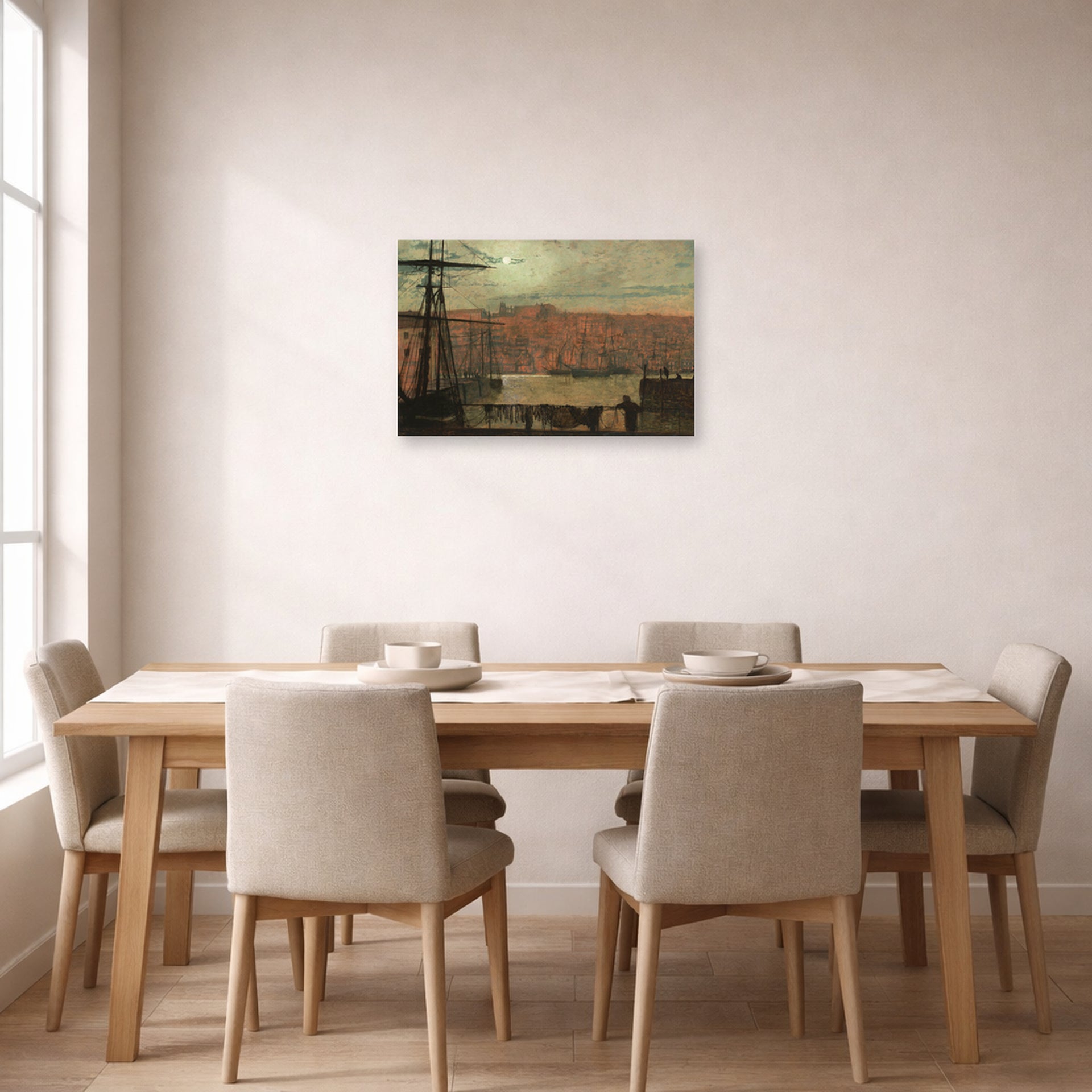 Unframed poster print of John Atkinson Grimshaw's 'Whitby from Station Quary' displayed on a wall in a dining room
