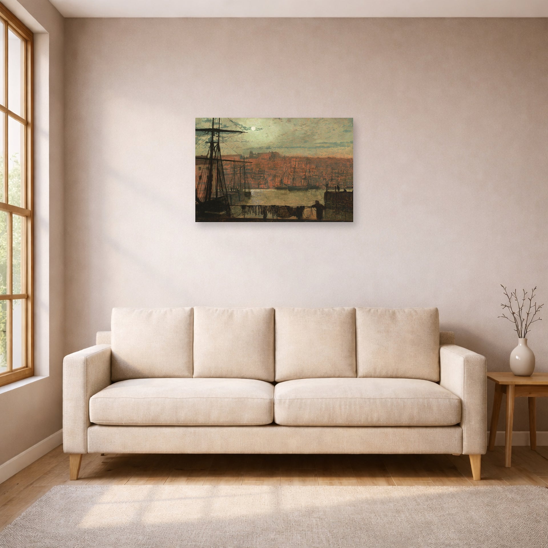 Unframed poster print of John Atkinson Grimshaw's 'Whitby from Station Quary' displayed on a wall in a living room