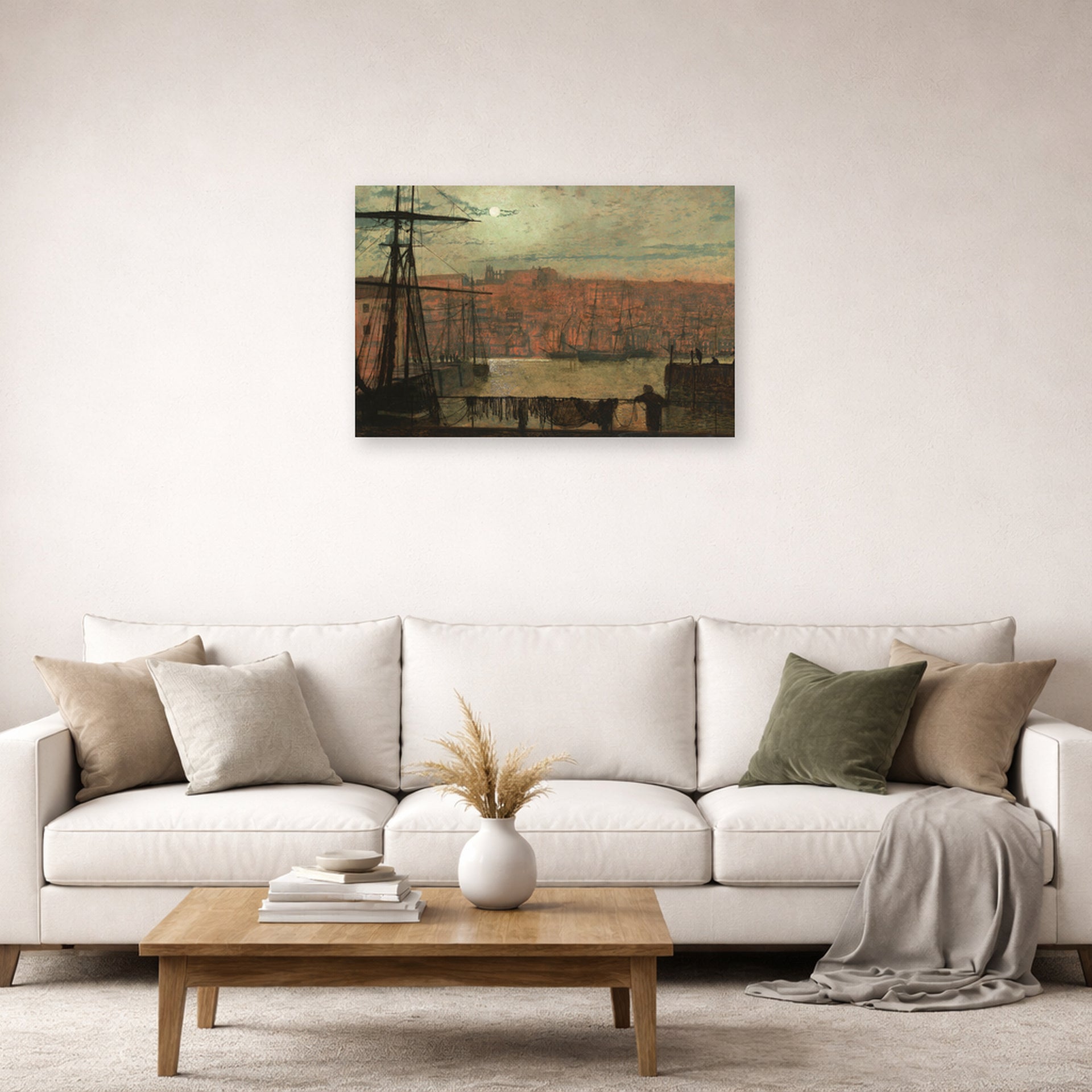 Unframed poster print of John Atkinson Grimshaw's 'Whitby from Station Quary' displayed on a wall in a living room