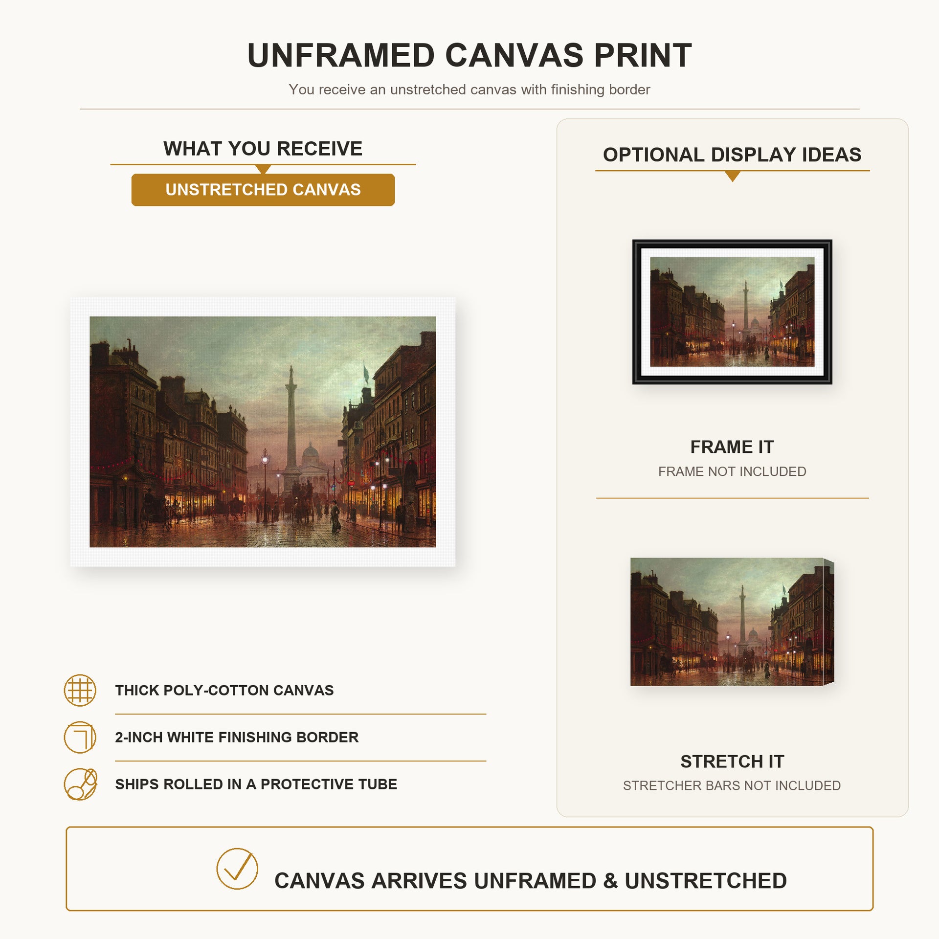 John Atkinson Grimshaw - Whitehall canvas print size comparison and framing display infographic
