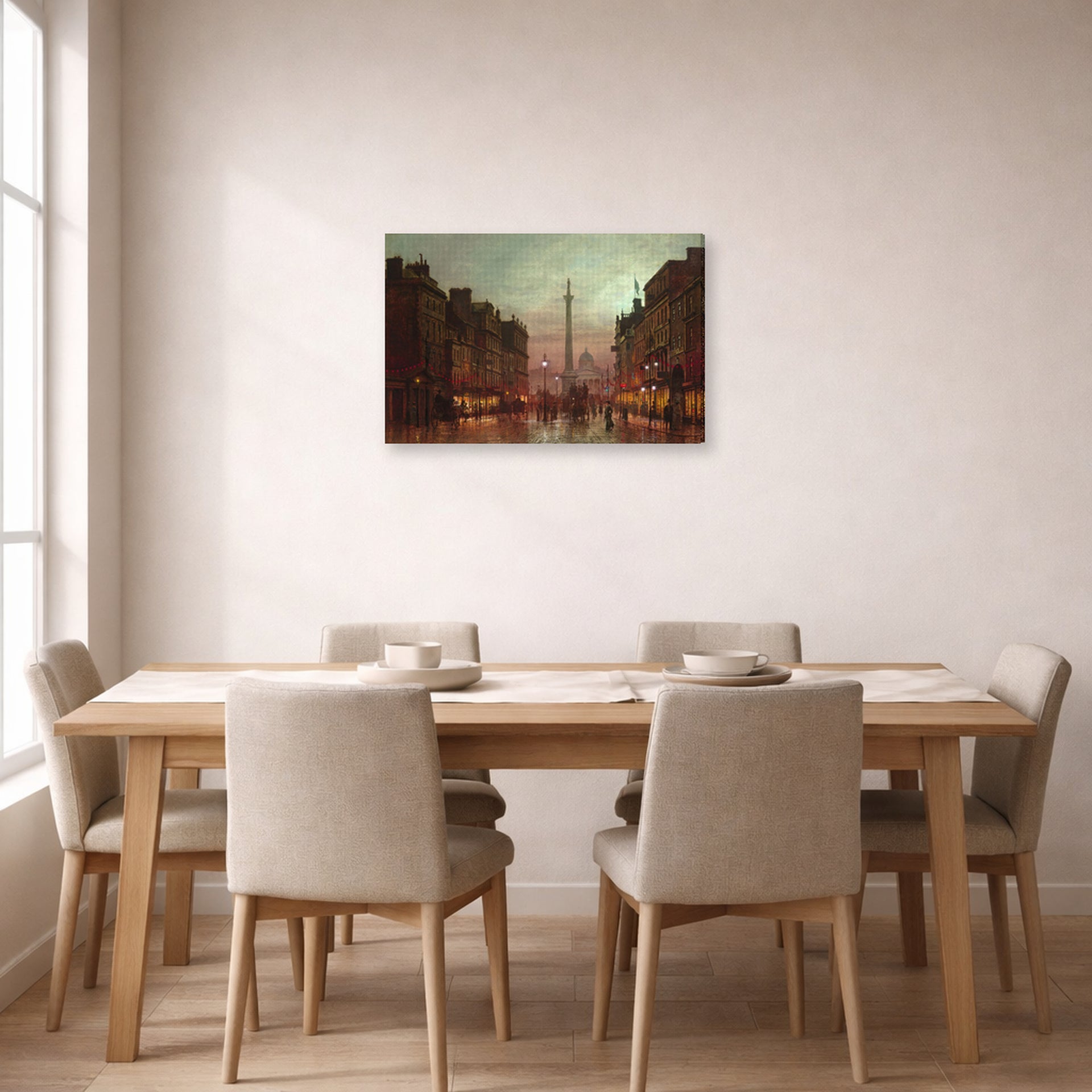 Gallery-wrapped canvas print of John Atkinson Grimshaw's 'Whitehall' displayed on a wall in a dining room