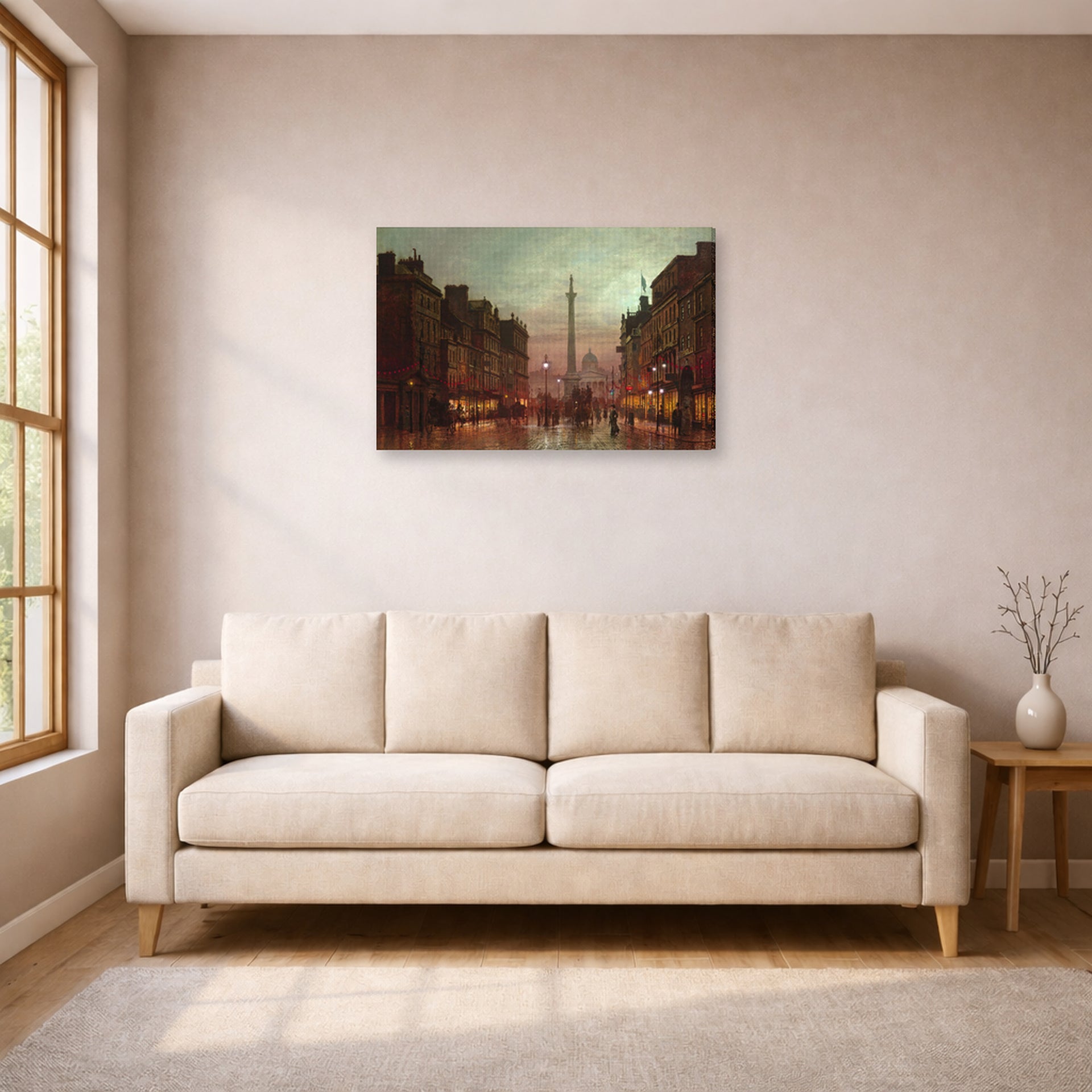 Gallery-wrapped canvas print of John Atkinson Grimshaw's 'Whitehall' displayed on a wall in a living room