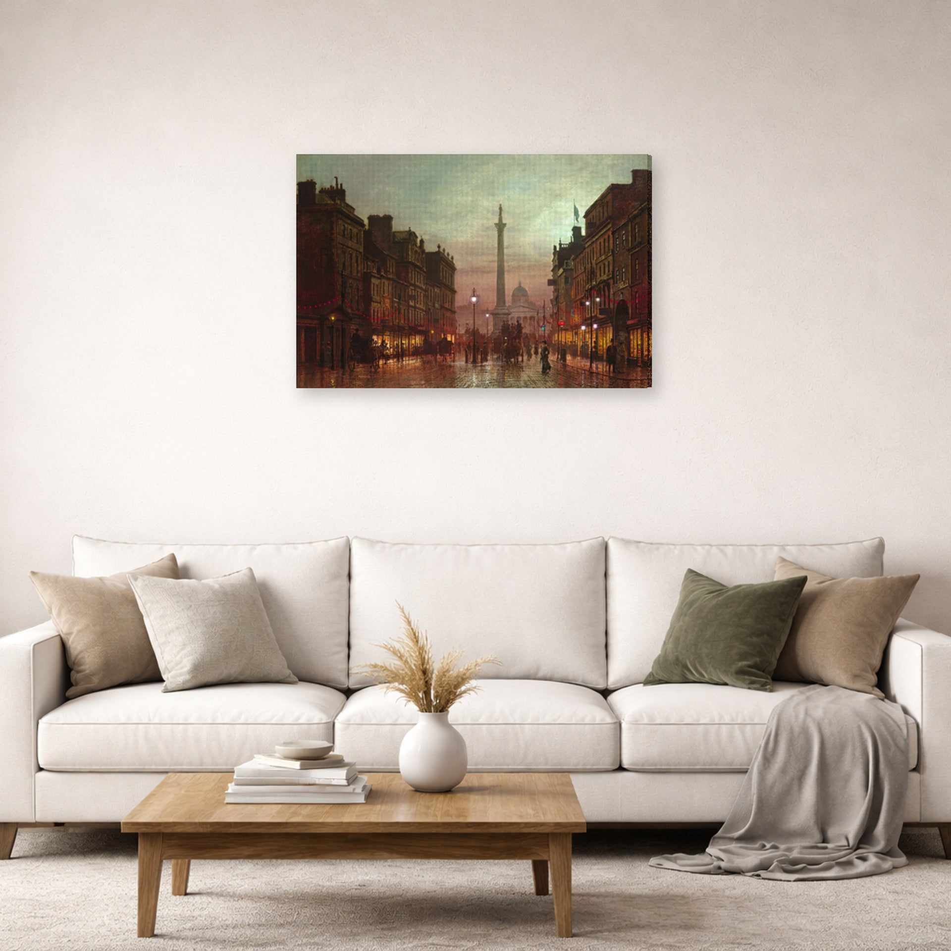Gallery-wrapped canvas print of John Atkinson Grimshaw's 'Whitehall' displayed on a wall in a living room