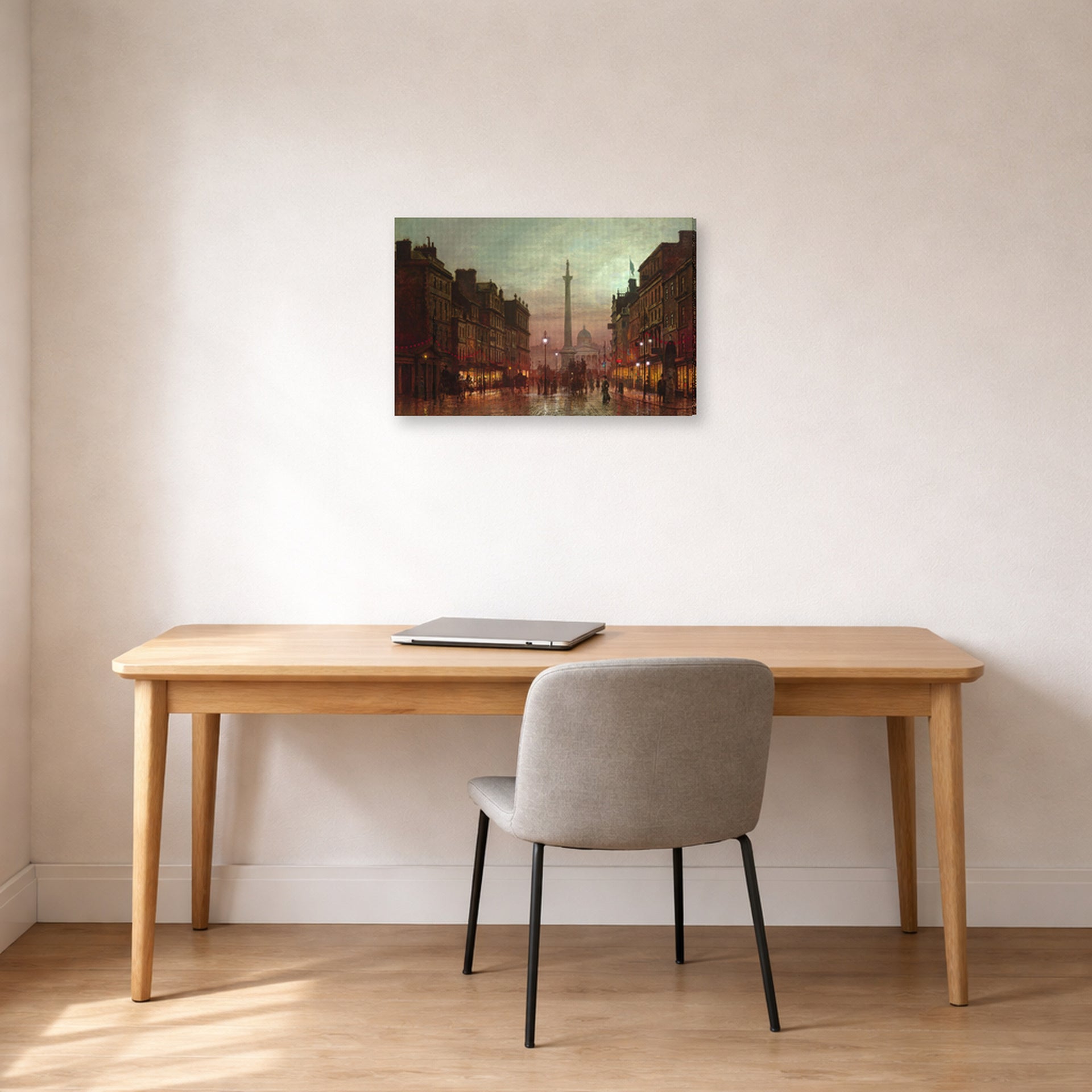 Gallery-wrapped canvas print of John Atkinson Grimshaw's 'Whitehall' displayed on a wall in an office