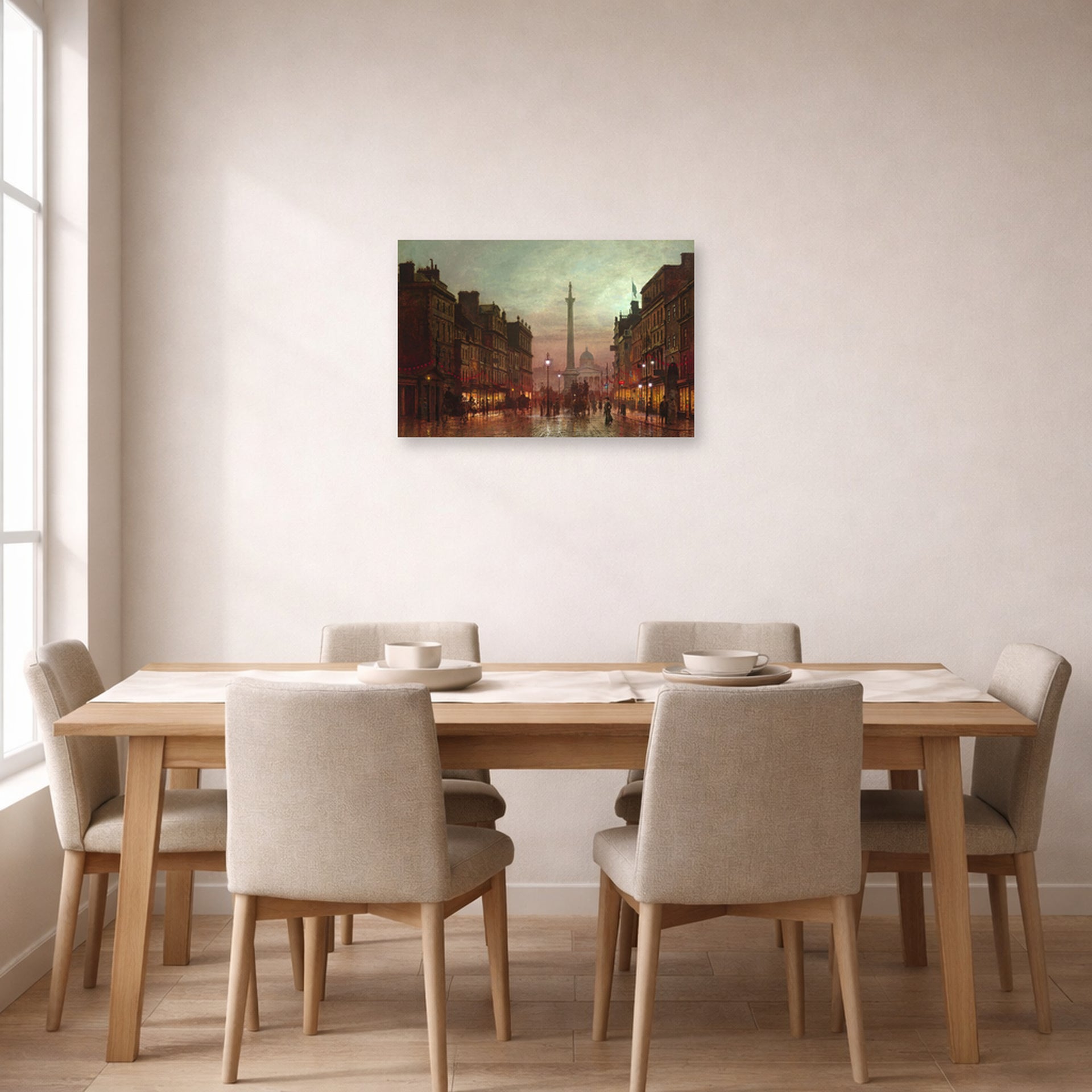 Unframed poster print of John Atkinson Grimshaw's 'Whitehall' displayed on a wall in a dining room