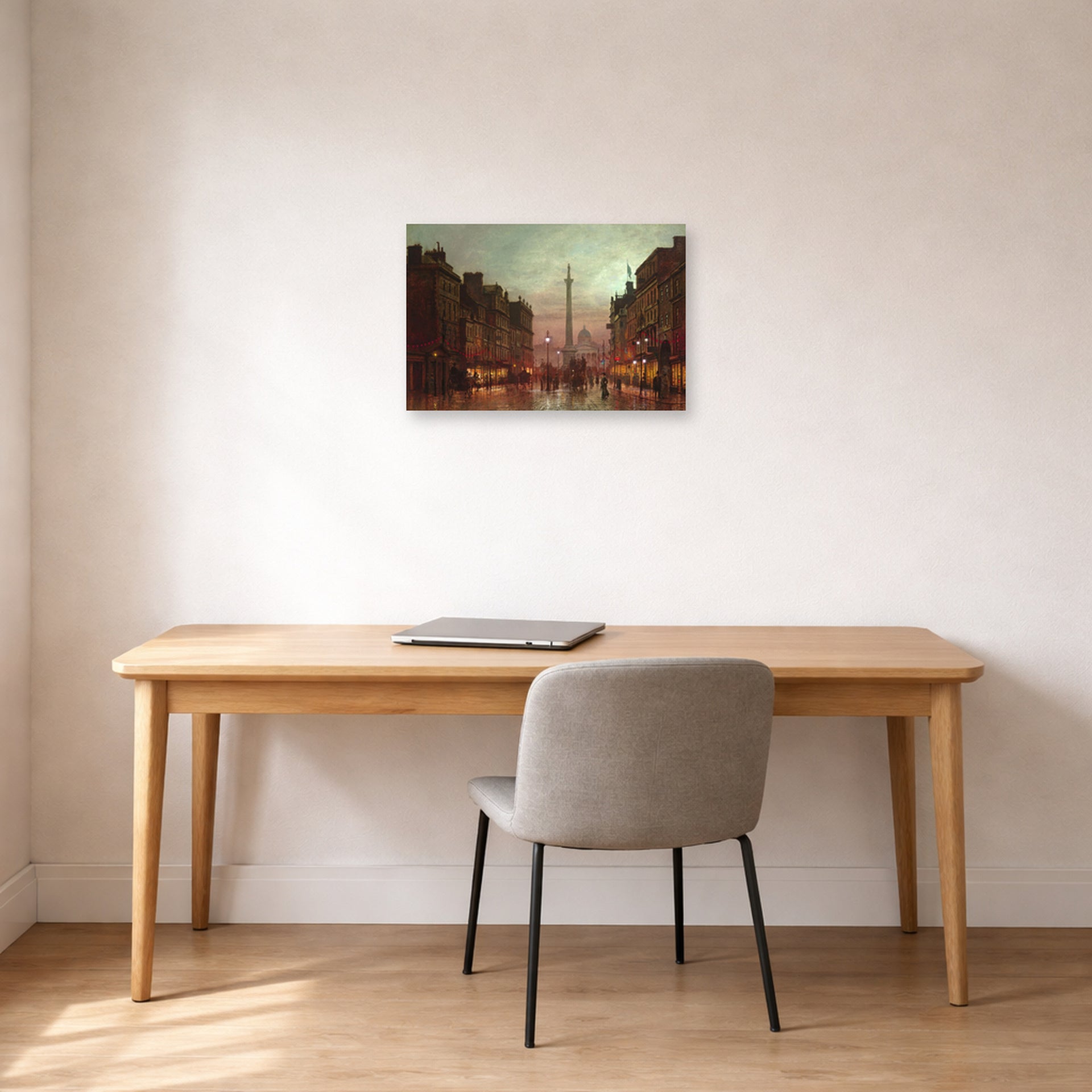 Unframed poster print of John Atkinson Grimshaw's 'Whitehall' displayed on a wall in an office