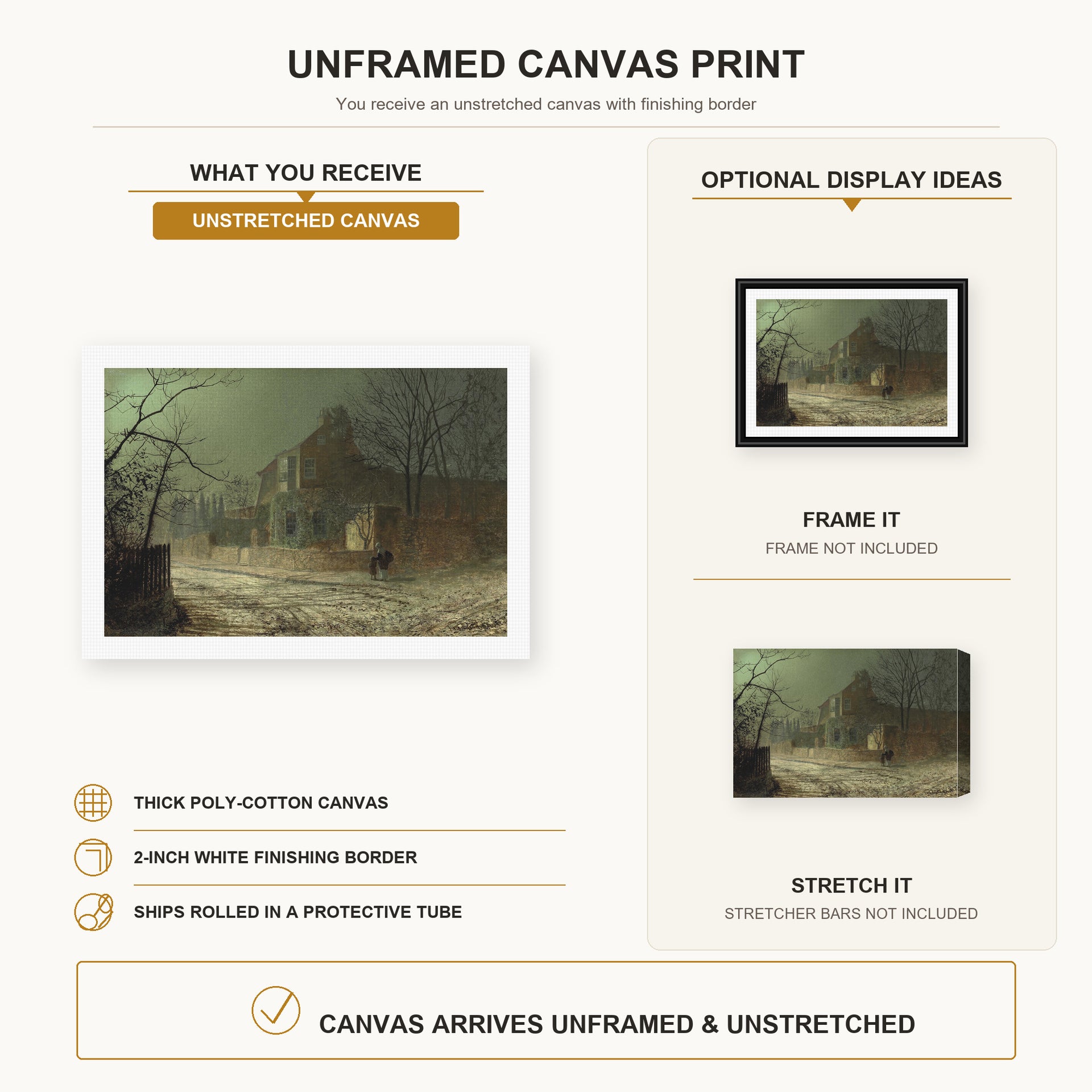 John Atkinson Grimshaw - Yew Court Scalby canvas print size comparison and framing display infographic