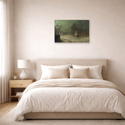 Gallery-wrapped canvas print of John Atkinson Grimshaw's 'Yew Court Scalby' displayed on a wall in a bedroom