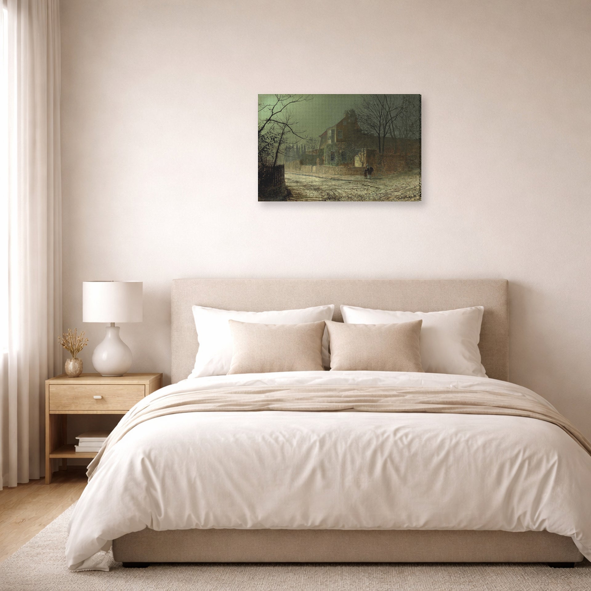 Gallery-wrapped canvas print of John Atkinson Grimshaw's 'Yew Court Scalby' displayed on a wall in a bedroom