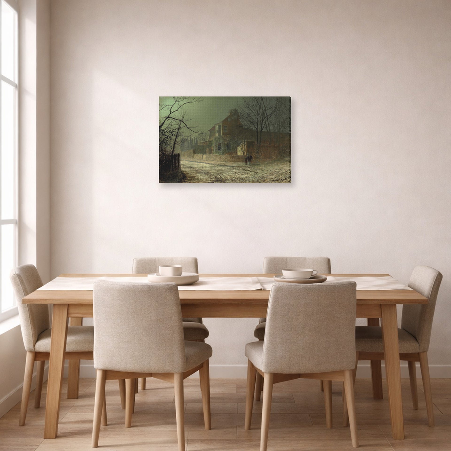 Gallery-wrapped canvas print of John Atkinson Grimshaw's 'Yew Court Scalby' displayed on a wall in a dining room