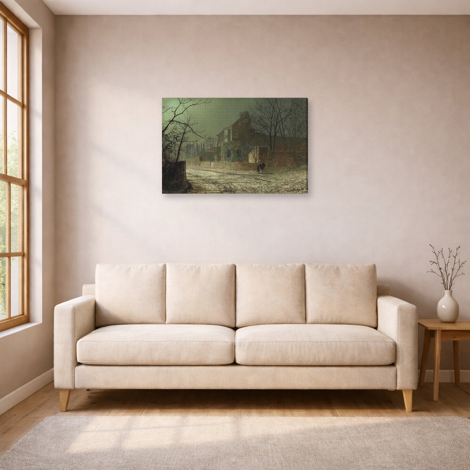 Gallery-wrapped canvas print of John Atkinson Grimshaw's 'Yew Court Scalby' displayed on a wall in a living room