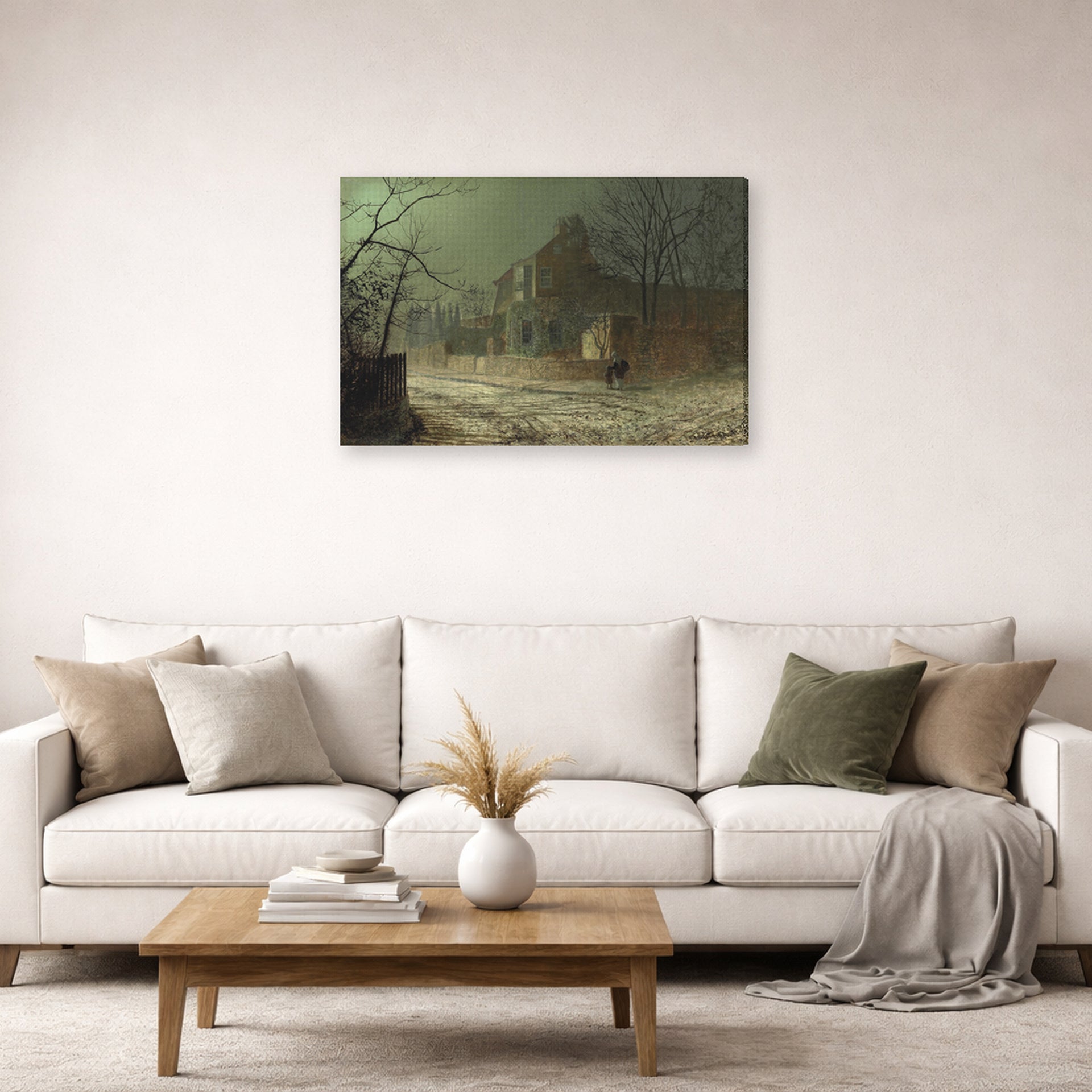 Gallery-wrapped canvas print of John Atkinson Grimshaw's 'Yew Court Scalby' displayed on a wall in a living room