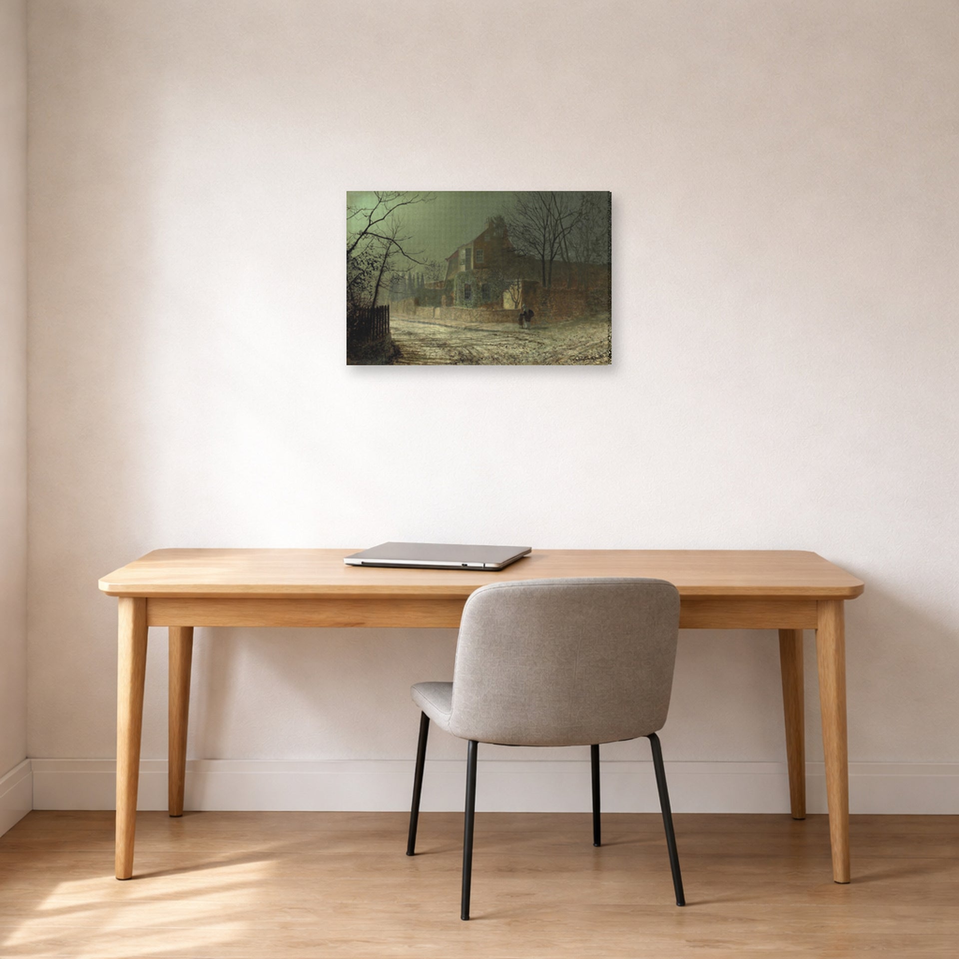 Gallery-wrapped canvas print of John Atkinson Grimshaw's 'Yew Court Scalby' displayed on a wall in an office