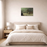 Unframed poster print of John Atkinson Grimshaw's 'Yew Court Scalby' displayed on a wall in a bedroom