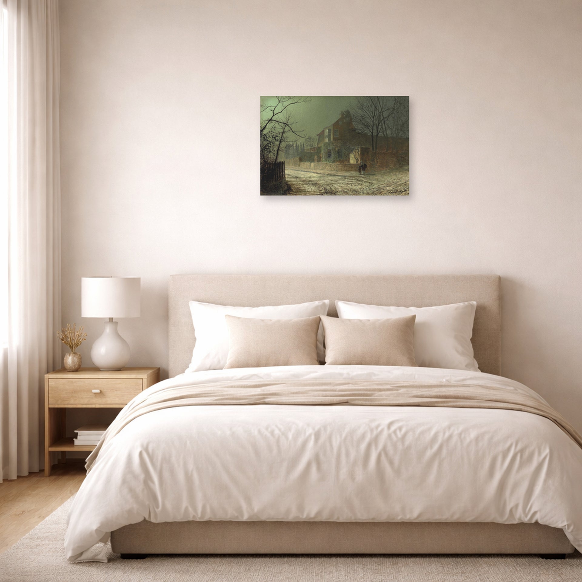 Unframed poster print of John Atkinson Grimshaw's 'Yew Court Scalby' displayed on a wall in a bedroom