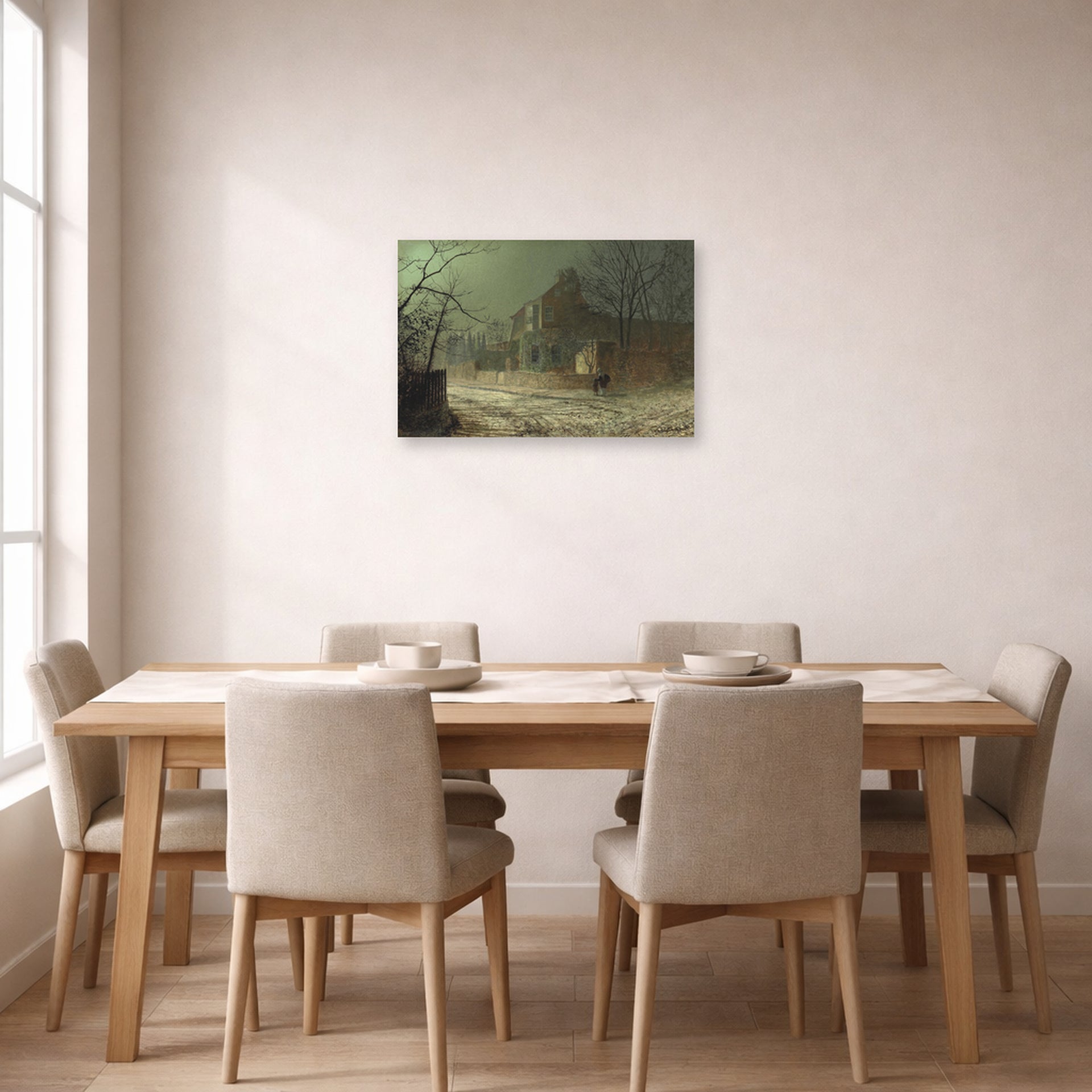 Unframed poster print of John Atkinson Grimshaw's 'Yew Court Scalby' displayed on a wall in a dining room