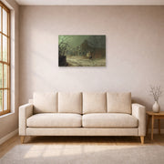 Unframed poster print of John Atkinson Grimshaw's 'Yew Court Scalby' displayed on a wall in a living room