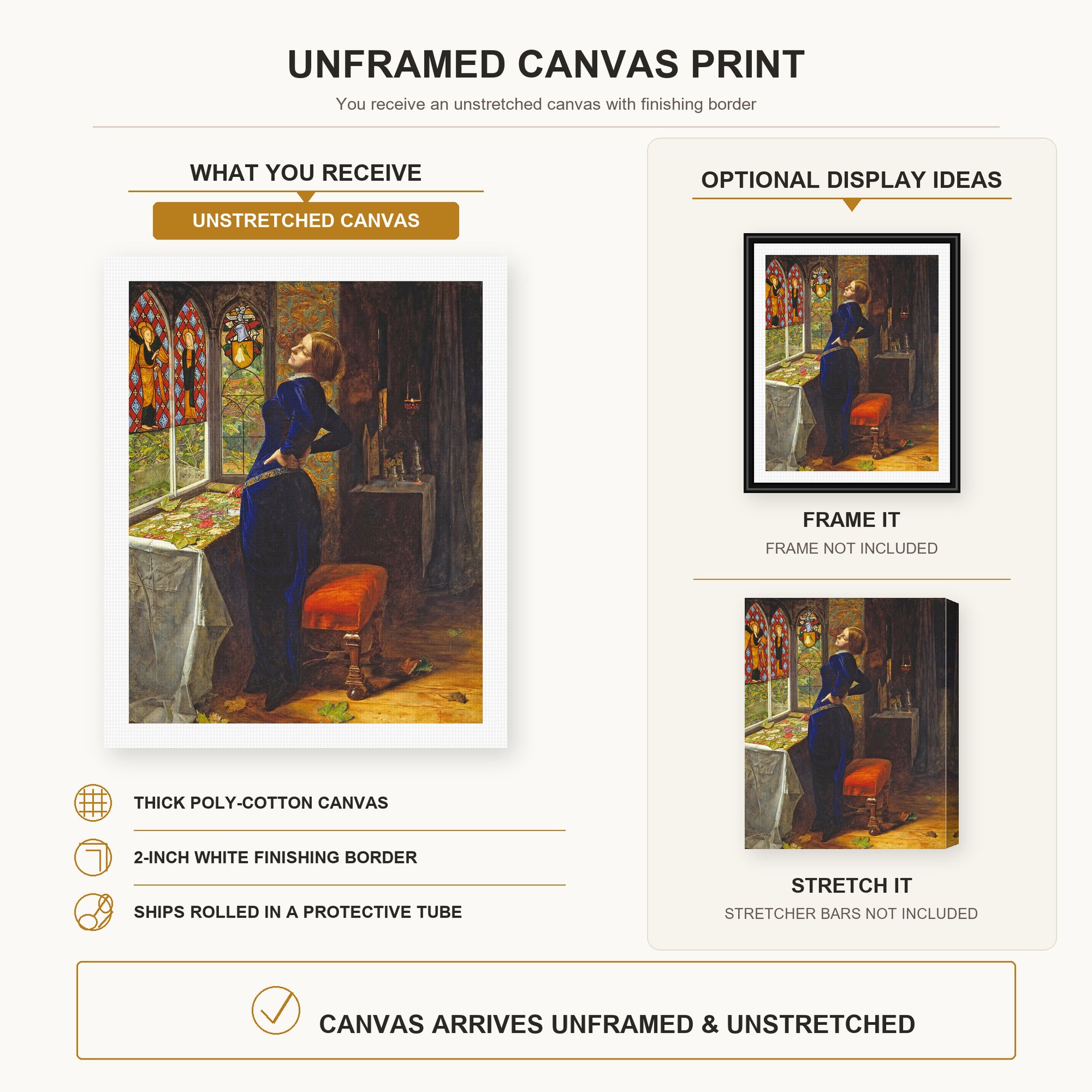 John Everett Millais - Mariana canvas print size comparison and framing display infographic